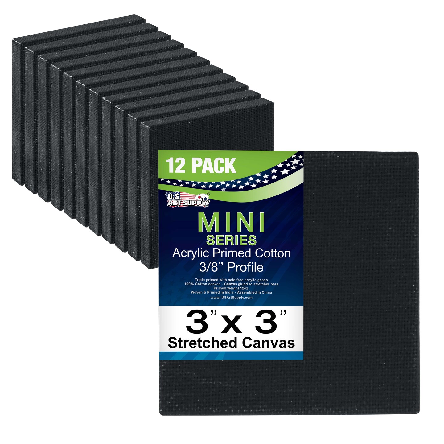 3&#x22; x 3&#x22; Black Mini Professional Primed Stretched Canvas 12 Pack