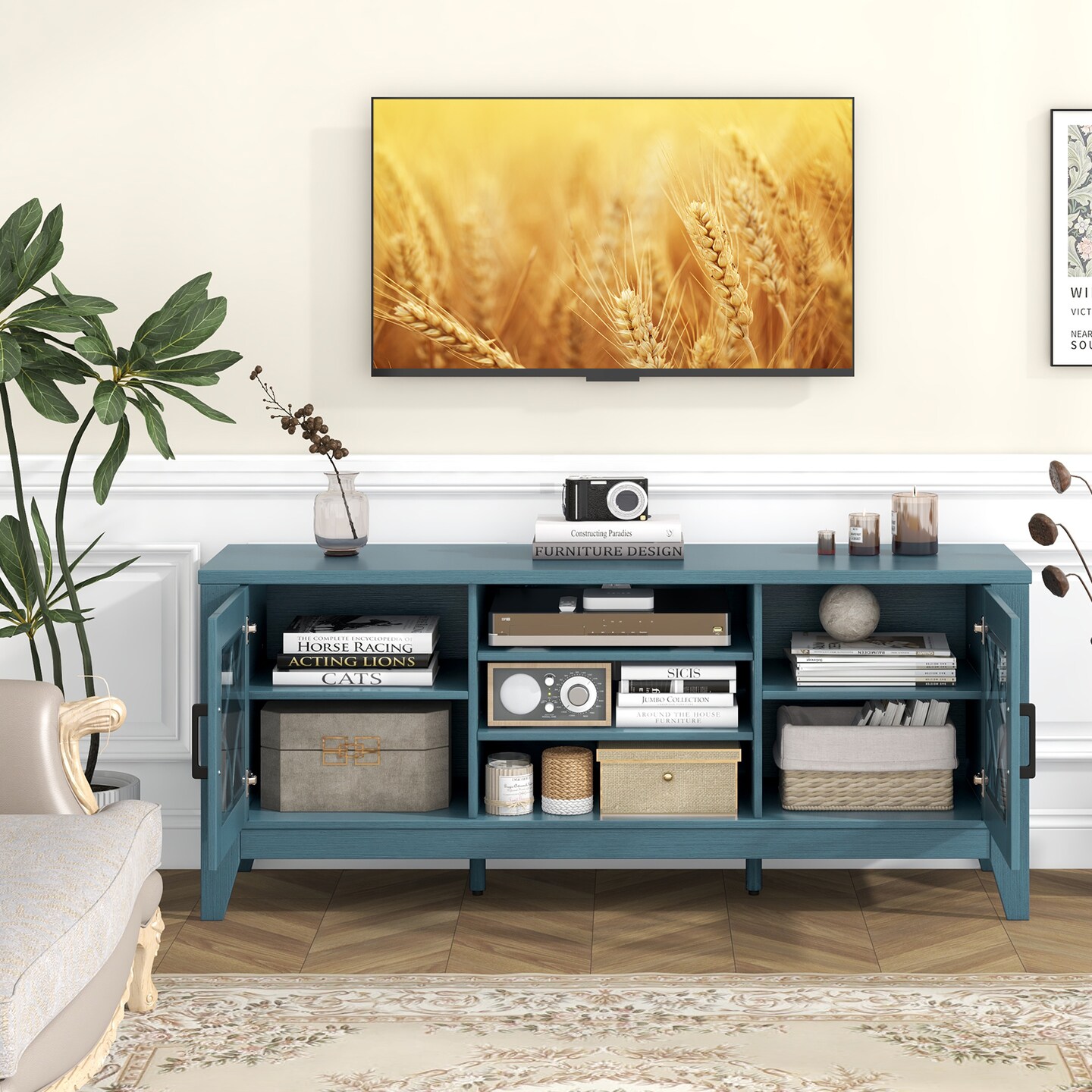 Farmhouse TV Stand for TVs Up to 65 Inches 4 Adjustable Shelves