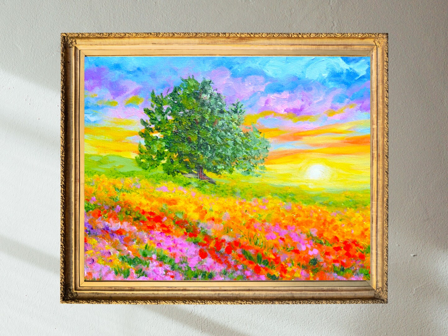 Vintage Original 16 X 20 Multicolor outlet Floral Field Landscape Oil Painting.