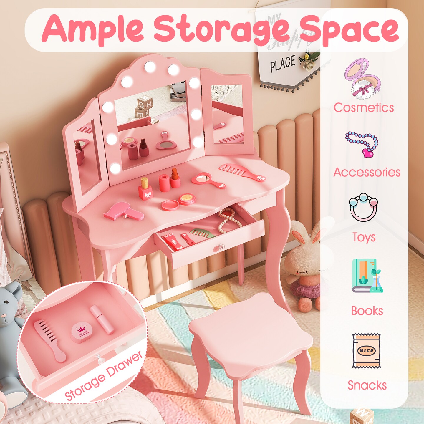 Kid Vanity Table Stool Set with Tri-Folding Mirror and 3-Color LED Lights