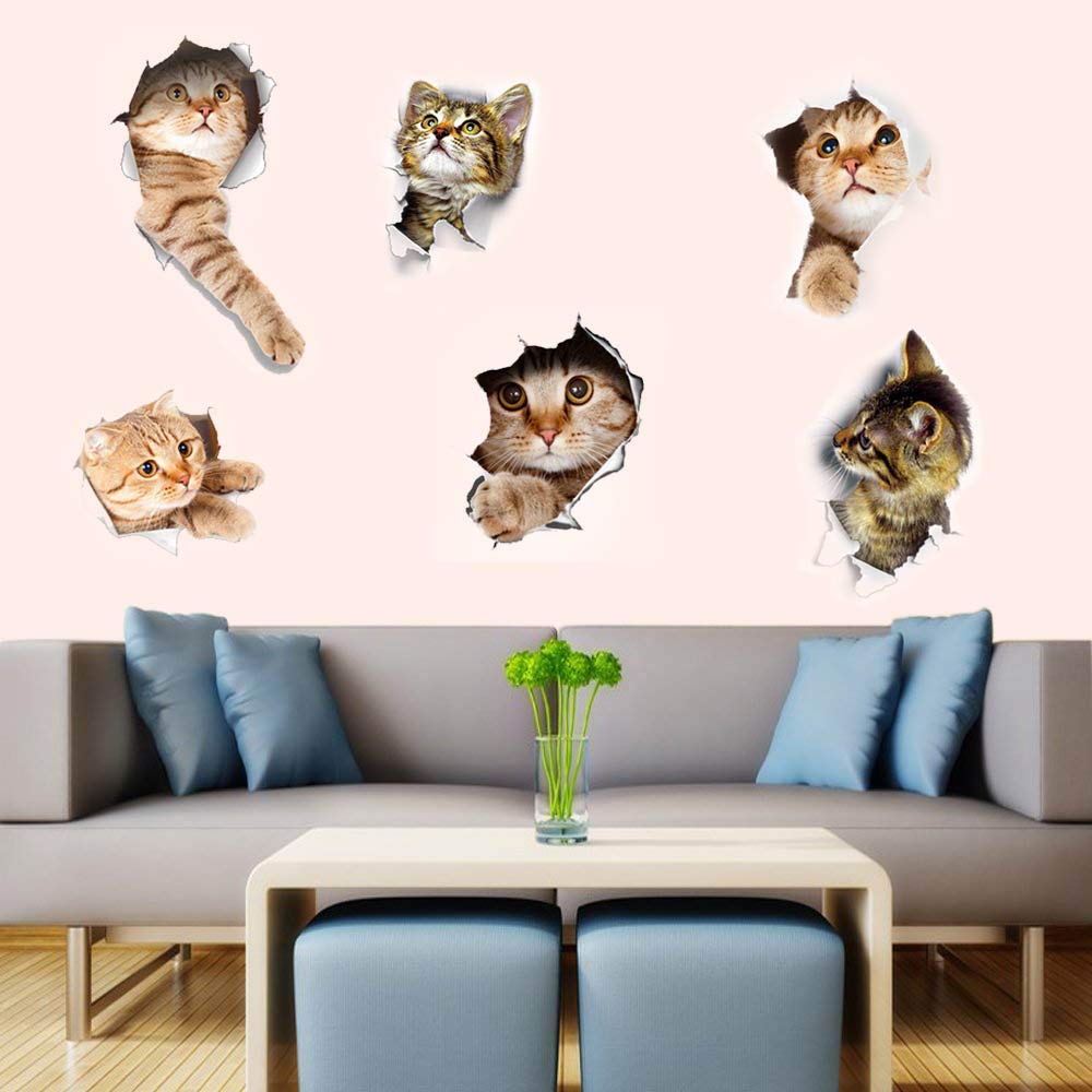 6PCS 3D Wall Stickers Cats Self Adhesive, Kids Wall Decals/Removable Vinyl Art Murals for Living Room Baby Rooms Bedroom Toilet House Wall DIY Decoration