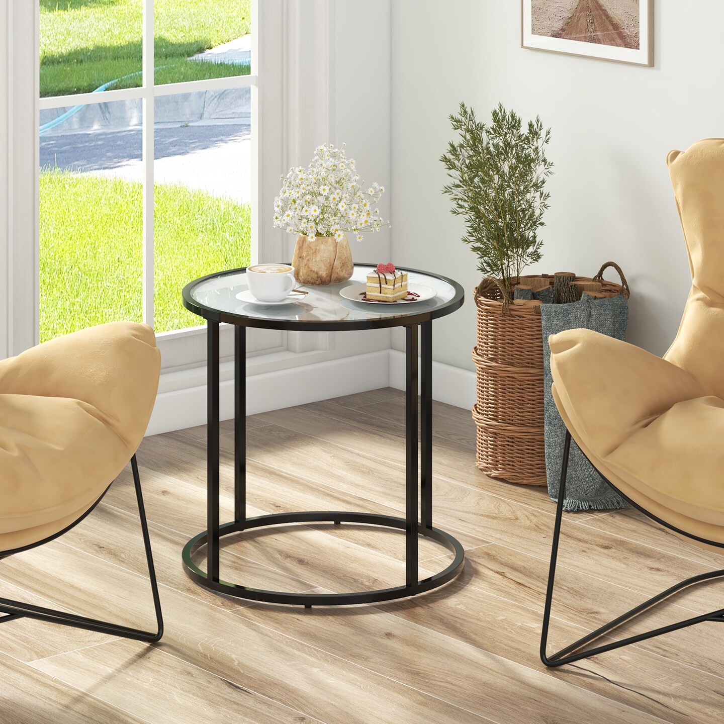 20 Inch Glass End Table with Metal Frame and Faux Marble Glass Top