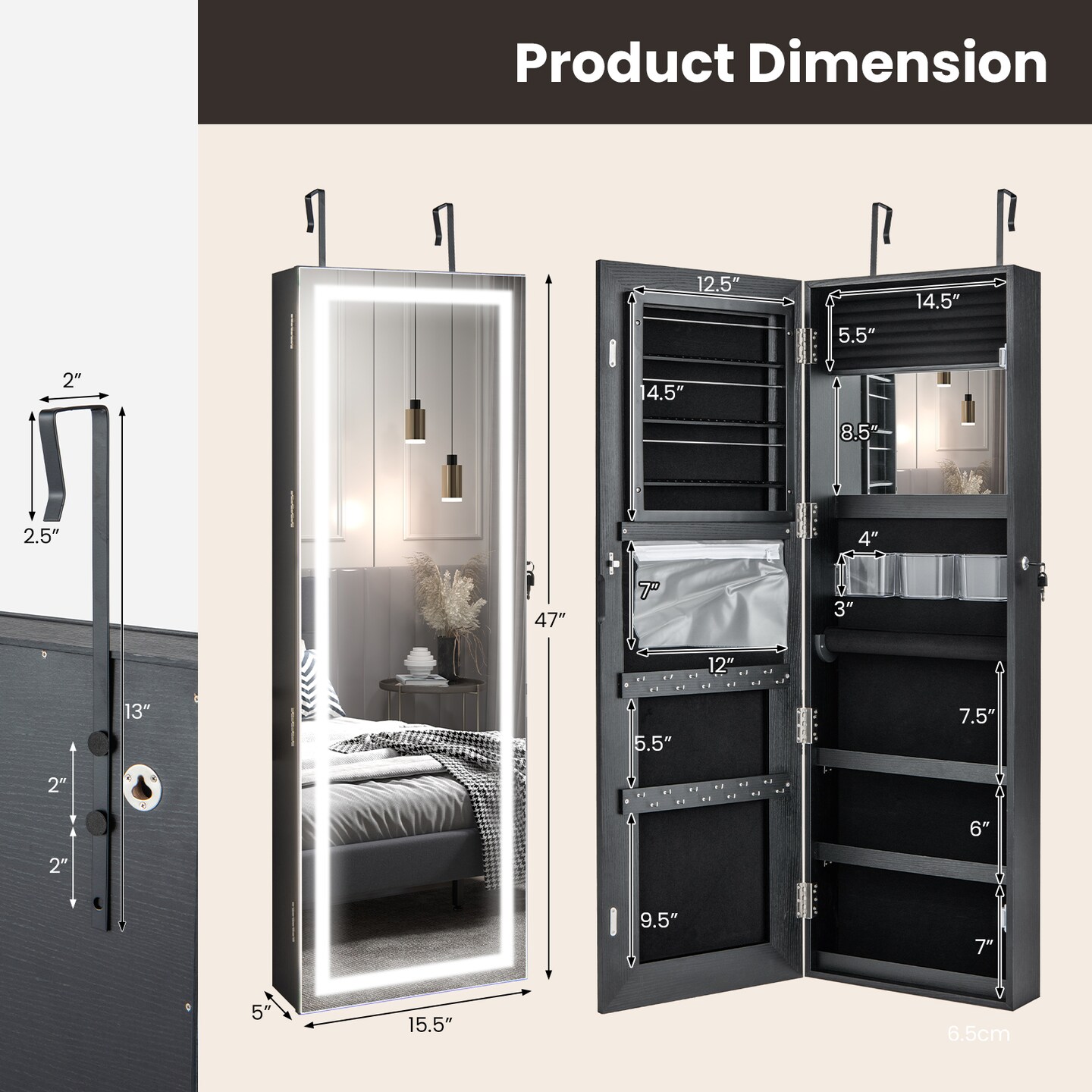 Mirrored Jewelry Armoire with Full Length Mirror and 2 Internal LED Lights