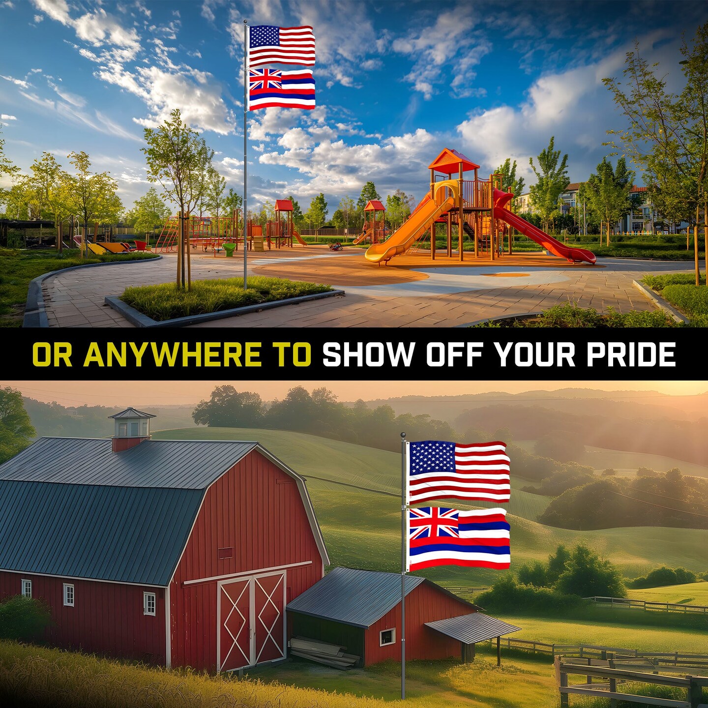 G128 Combo Pack: 20 Ft Telescoping Aluminum Flagpole (Black) &#x26; American and Hawaii Flags 3x5 Ft, Both ToughWeave Series Embroidered Polyester | Pole with Flags Included