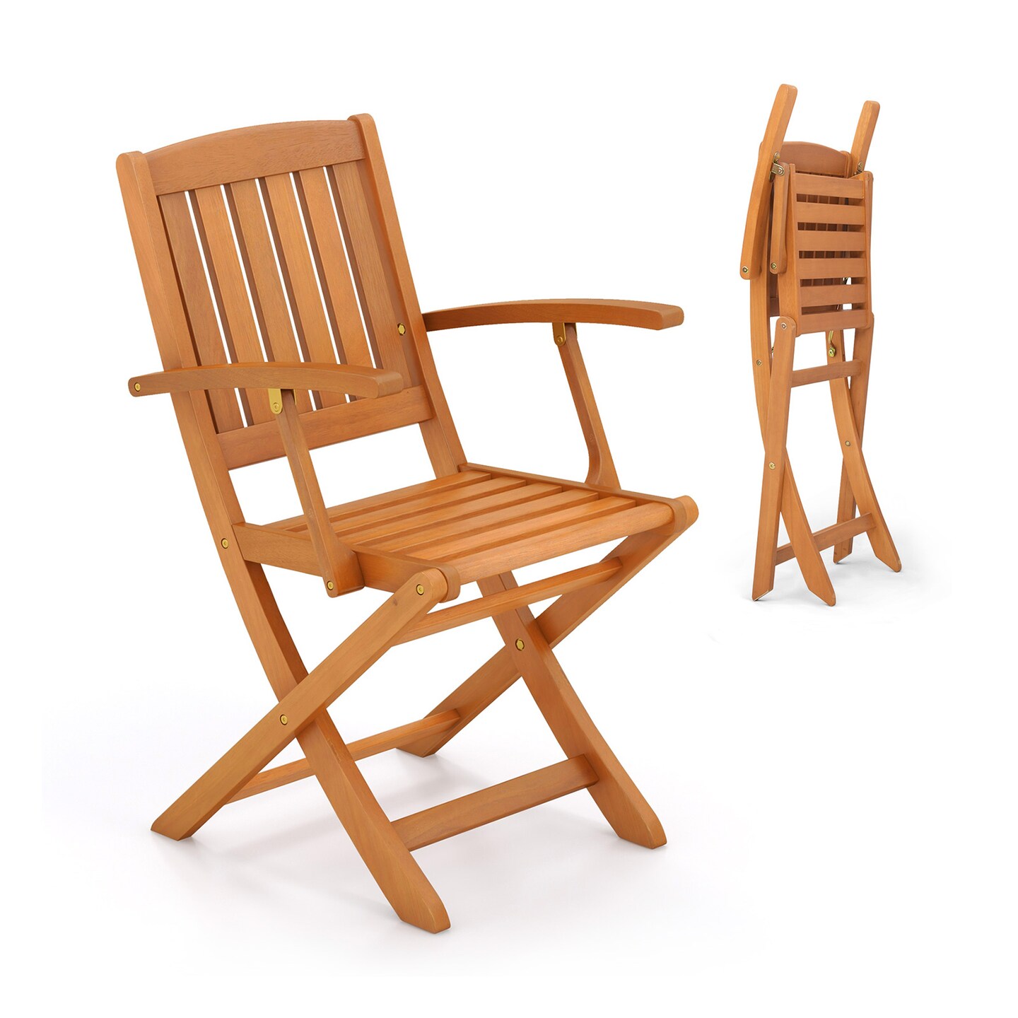 Set of 2 Foldable Natural Eucalyptus Wood Outdoor Dining Chairs for Deck and Yard