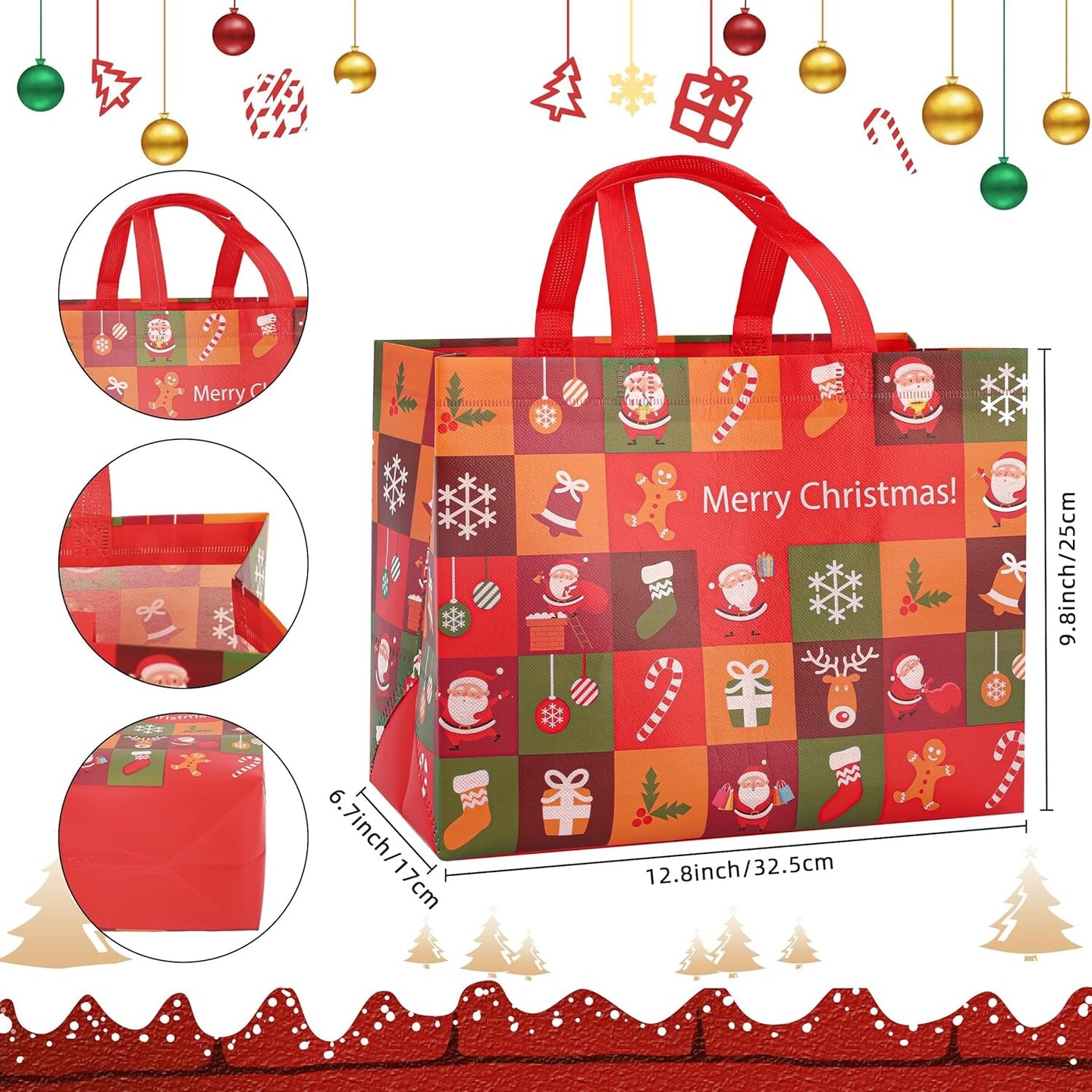 Christmas Gift Bags,9 Pcs Christmas Tote Bags with Handles for Shopping,Grocery Bags,Gifts Wrapping,Christmas Party Supplies Decorations,12.7&#x22;*9.8&#x22;*6.7&#x22; Reusable Gift Bags.
