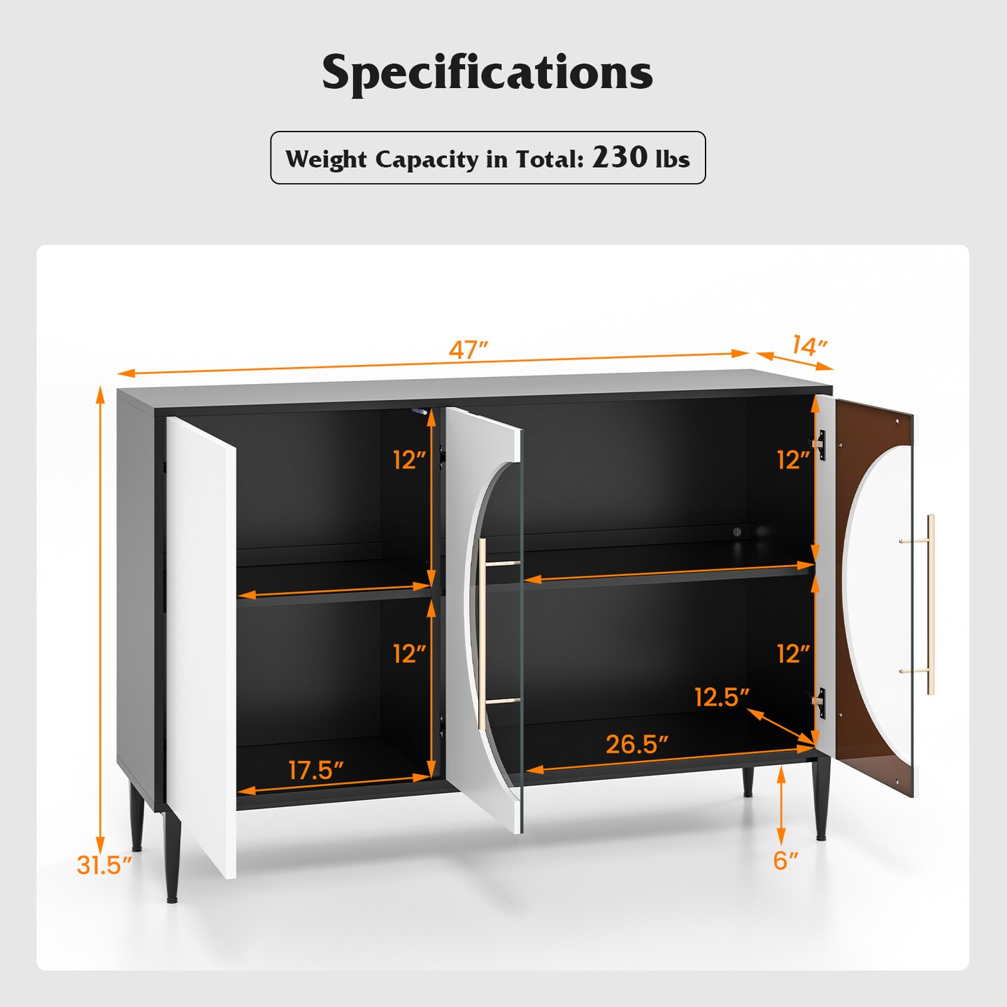 Slickblue Sideboard Cabinet with Tempered Glass Door for Living &#x26; Dining Room Kitchen-White