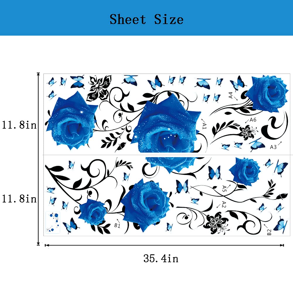 Supzone Blue Rose Wall Stickers Rose Flower Vine Wall Decal Blue Peony Floral Wall Decor DIY Vinyl Mural Art for Bedroom Living Room Sofa Backdrop TV Wall Decoration
