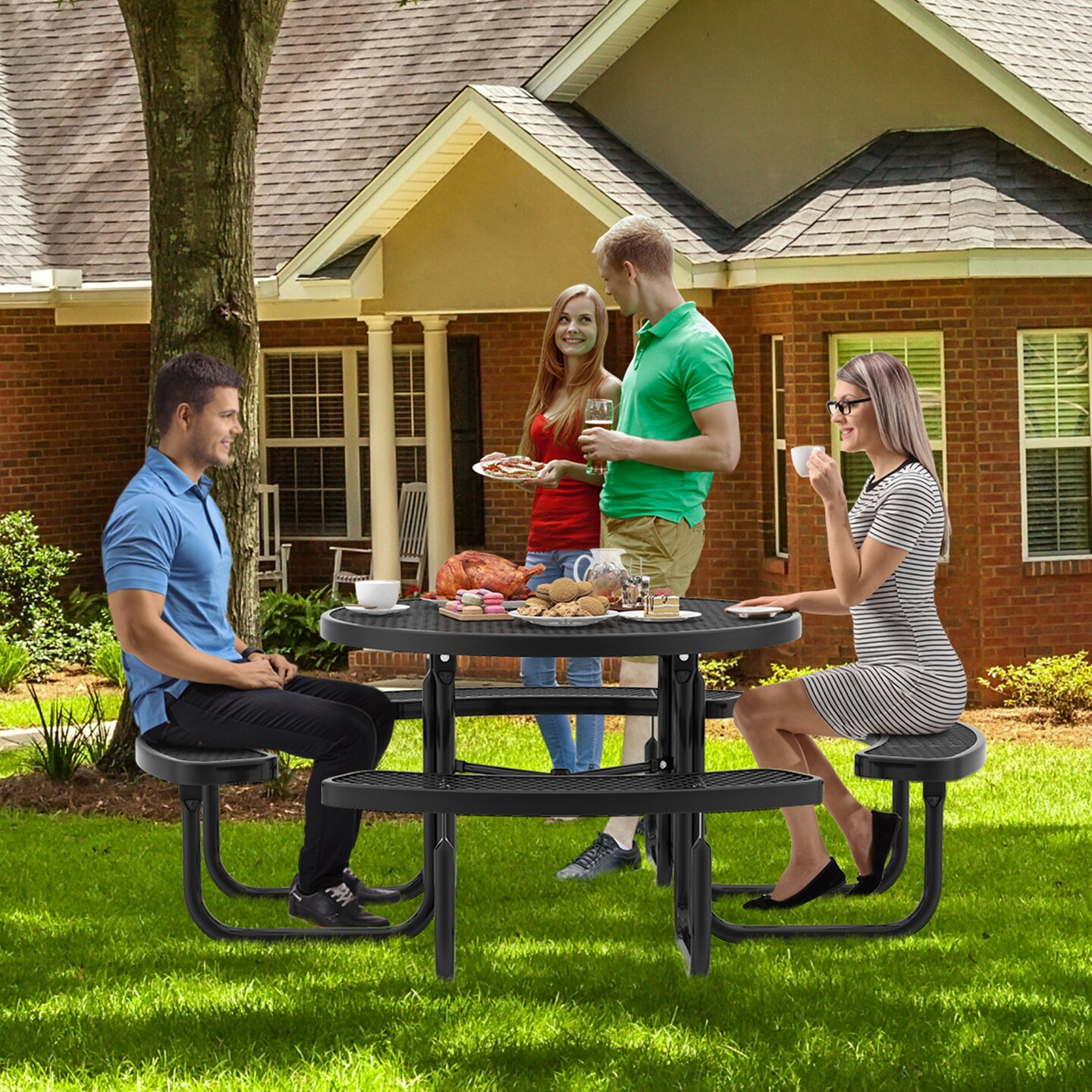 45&#x22; Outdoor Round Picnic Table &#x26; Bench Set for 8 with Umbrella Hole-Black - 80&#x22; x 80&#x22; x 30&#x22;