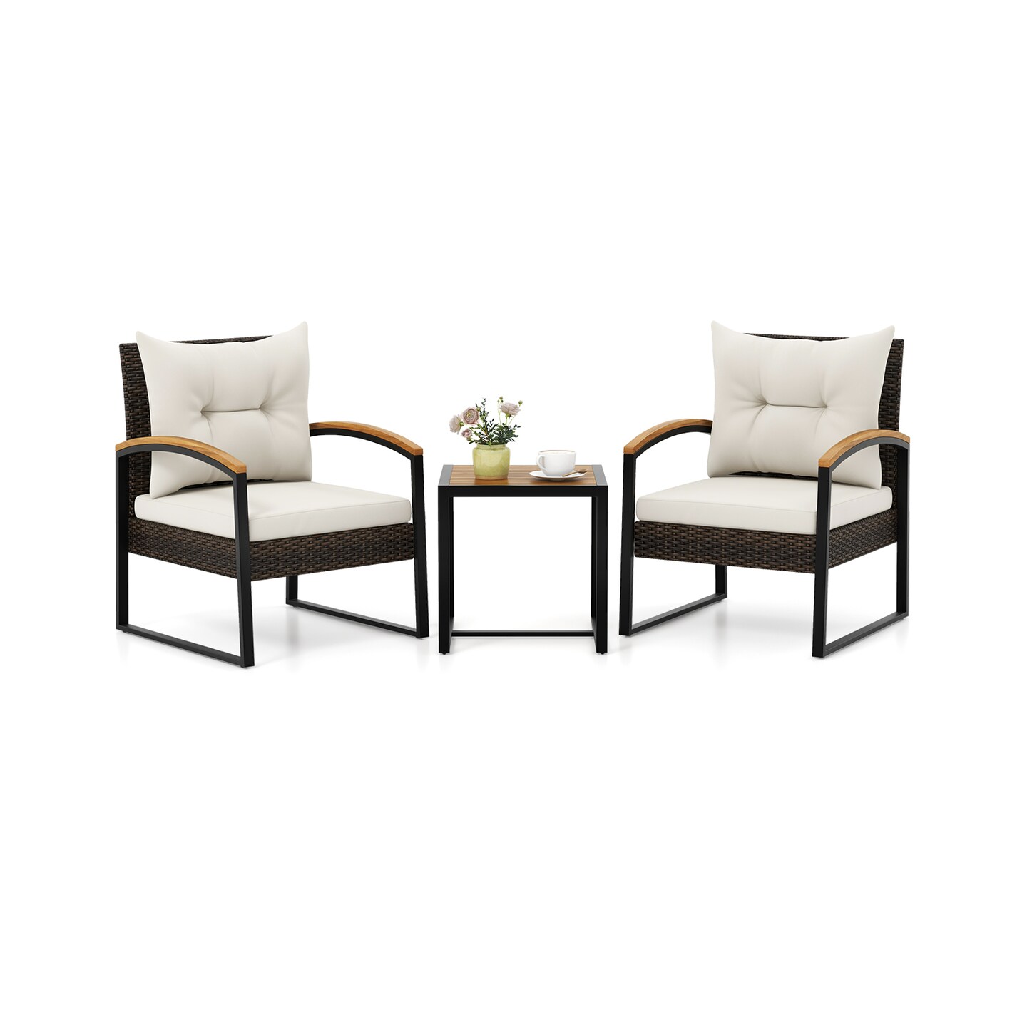 Outdoor Patio Furniture Set 3 Piece Acacia Wood Rattan Chairs Coffee Table Set