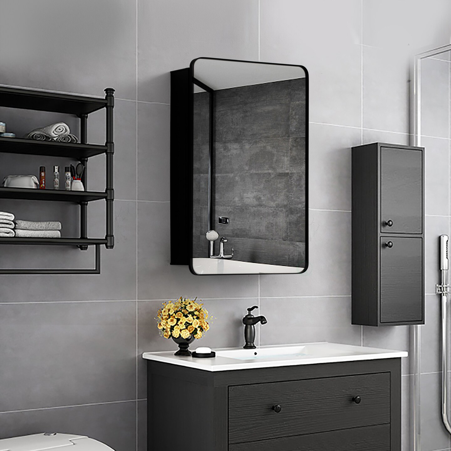 Basicwise Multi-Purpose Aluminum Bathroom Storage Medicine Cabinet - Beveled Edge Mirror and Sleek Round Corner Frame with 2 Adjustable Shelves, Recessed or Surface Mount Installation, Black Finish