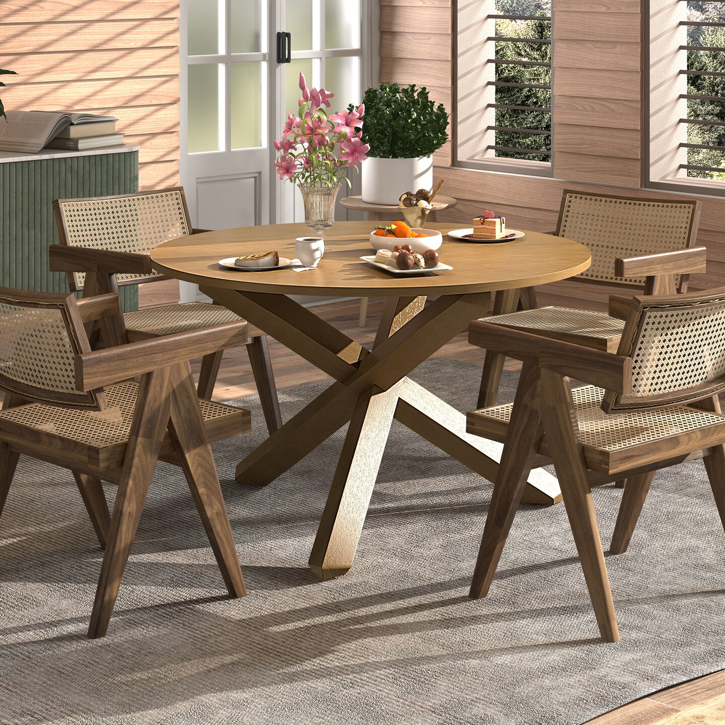 47 Inch Round Wooden Dining Table Natural Acacia Rubber Wood Kitchen Table
