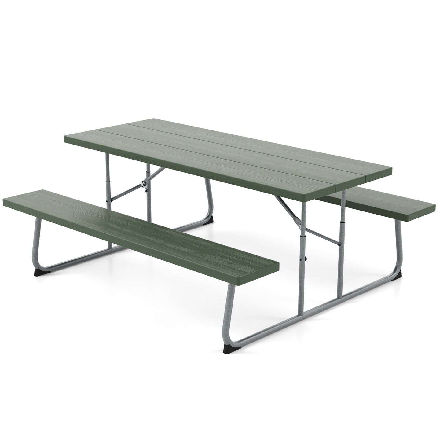 Folding Picnic Table Set with Metal Frame and All-Weather HDPE Tabletop, Umbrella Hole - 72&#x22; x 64&#x22; x 29&#x22; (L x W x H)