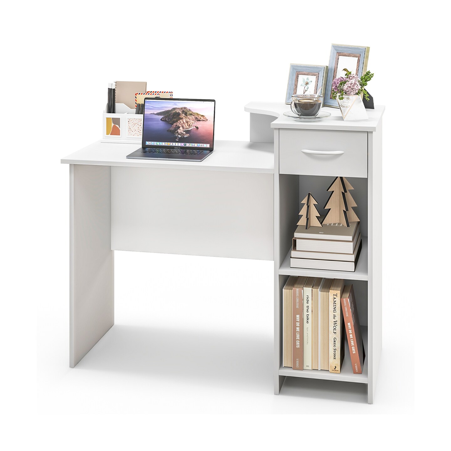 White Computer Desk with Drawer Raised Platform Adjustable Shelf Workstation