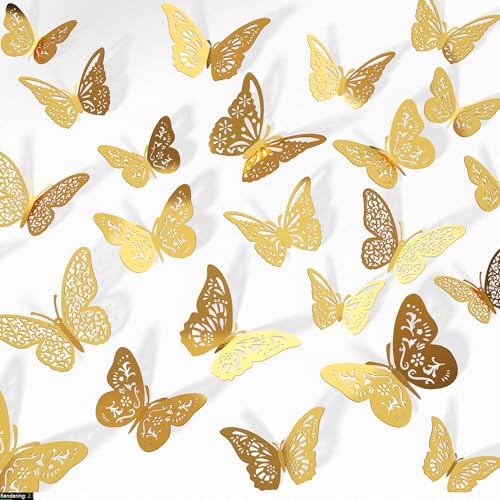 Crosize 48 Pcs Gold Butterfly Decorations, 4 Styles 3 Sizes, Butterfly Wall Decor, 3D Butterfly Party Decorations, Butterflies for Crafts, Bouquet, Cake Decorating, Flower Arrangements, Room D&#xE9;cor