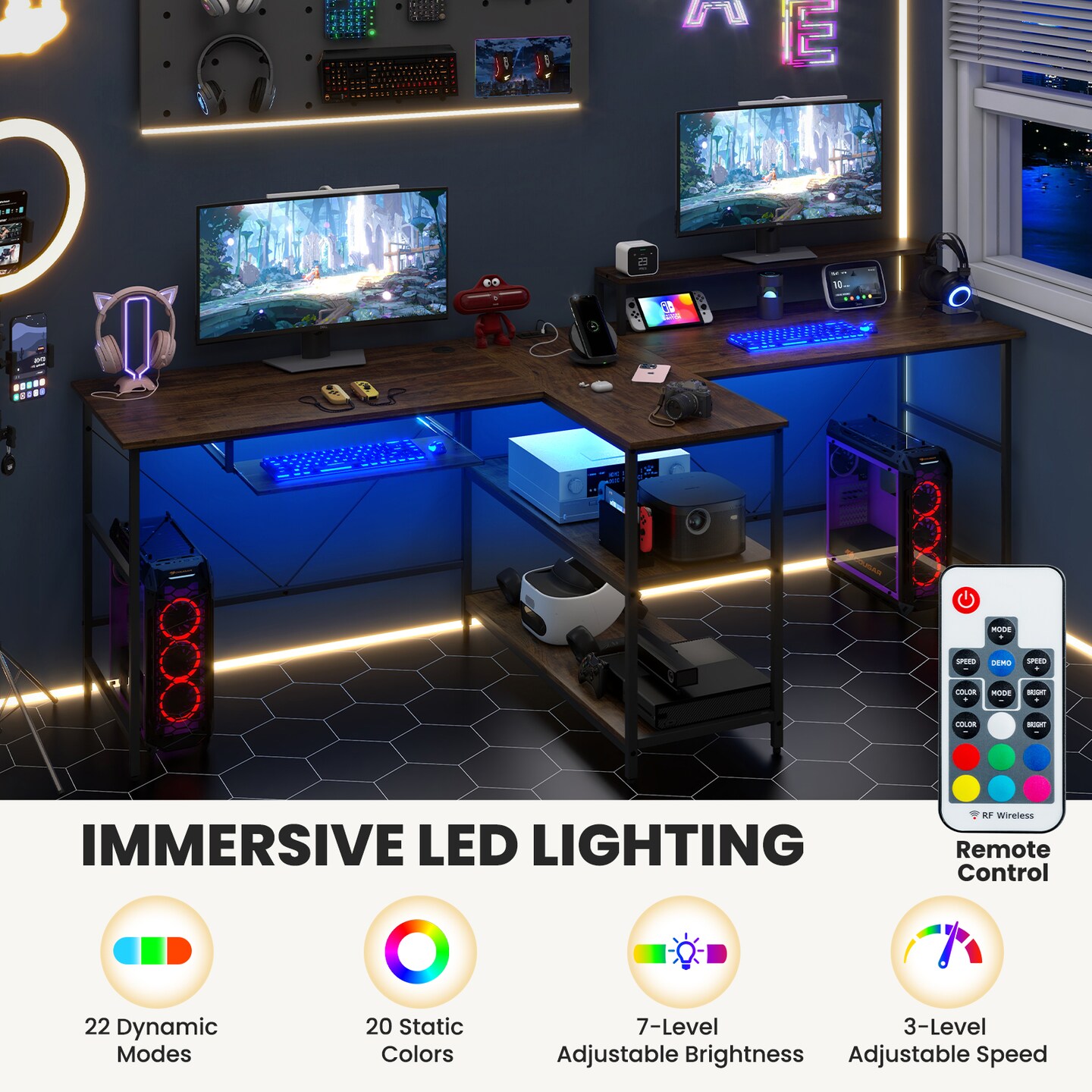 2-Person Reversible Computer Desk Long Office Desk with LED Lights