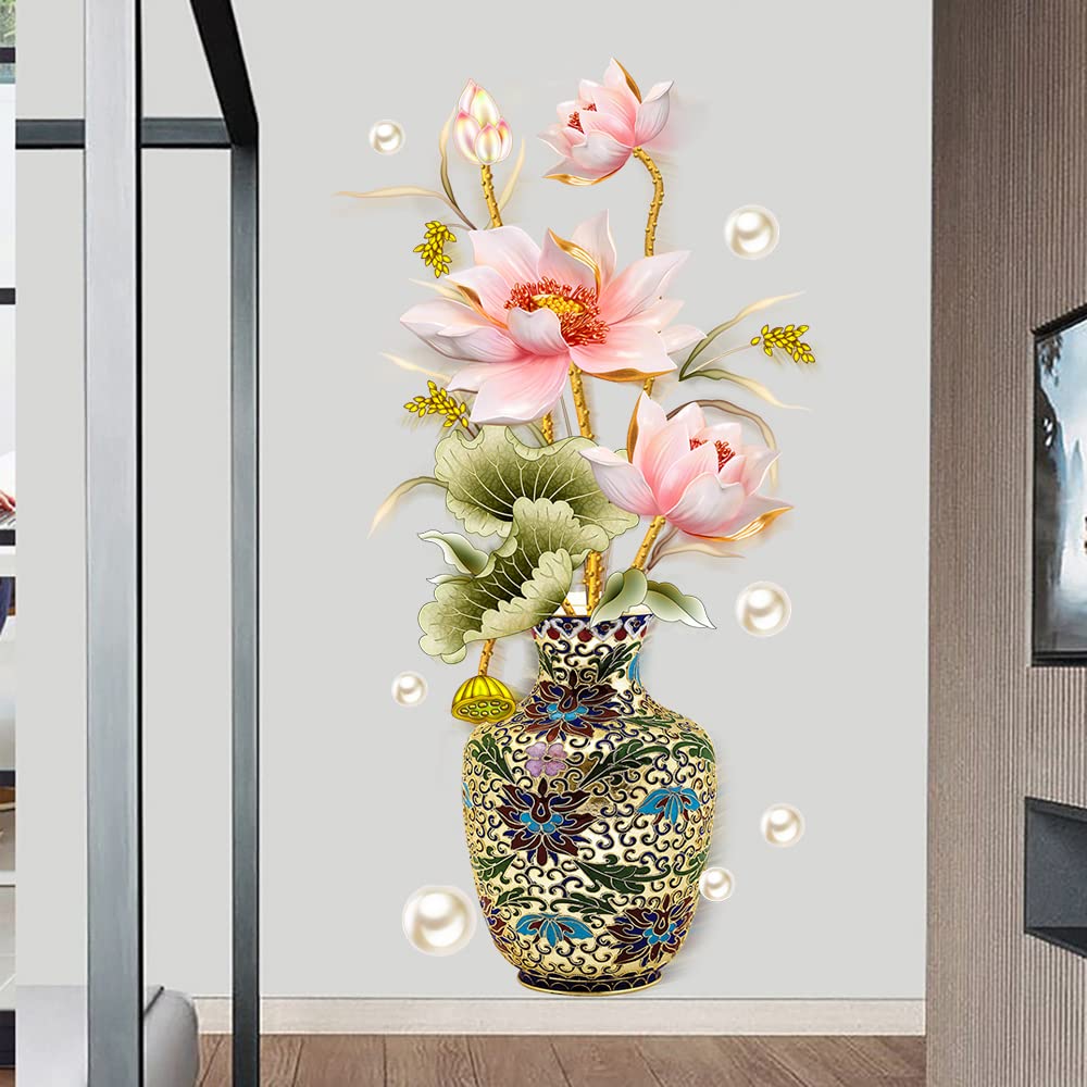 Dechom Chinese Style Lotus Flower Classical Vase Wall Sticker Pearl Living Room Art Wall Decals Home Entrance Backdrop Decoration