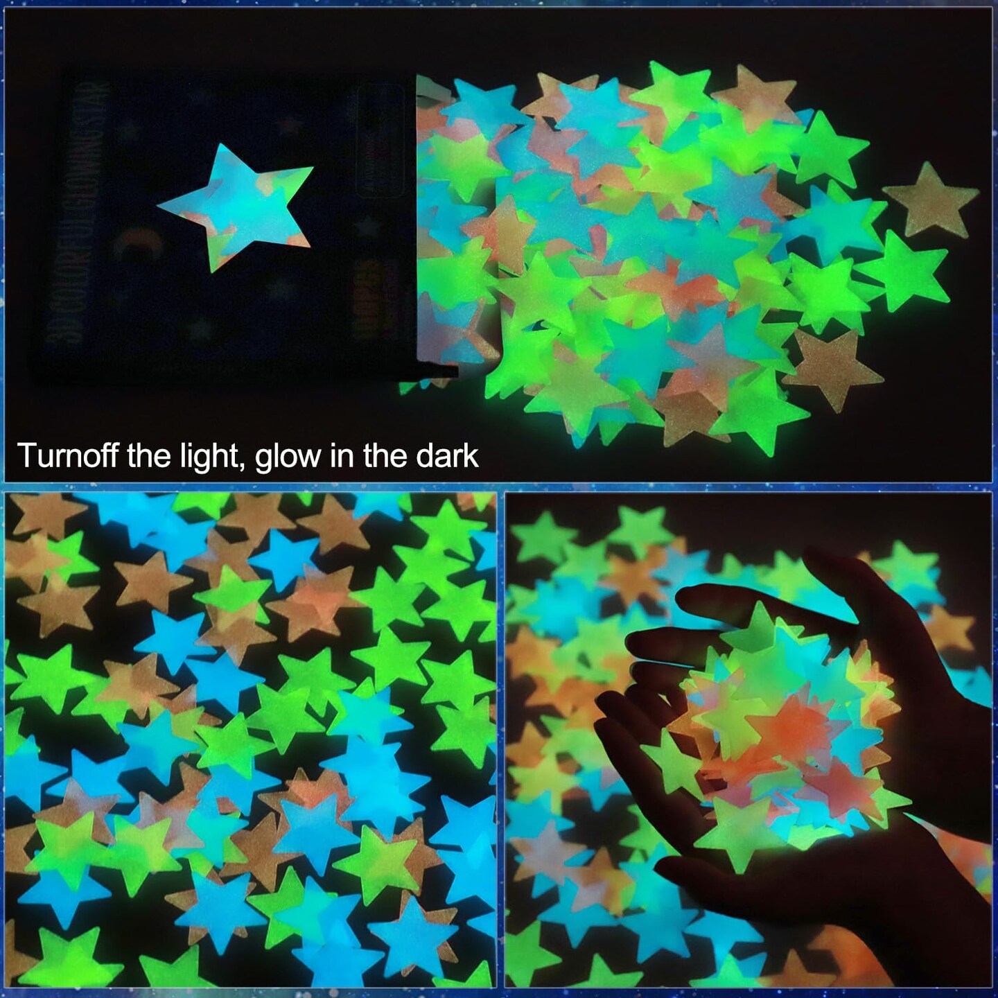 AM AMAONM 100 Pcs Colorful Glow in The Dark Luminous Stars Fluorescent Noctilucent Plastic Wall Stickers Murals Decals for Home Art Decor Ceiling Wall Decorate Kids Babys Bedroom Room Decorations
