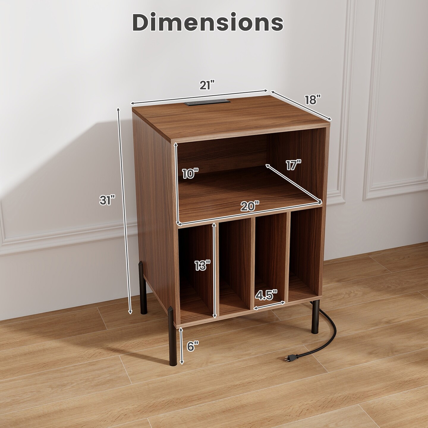 Record Player Stand with Record Storage Shelf and Charging Station - 21&#x22;L x 18&#x22;W x 31&#x22;H