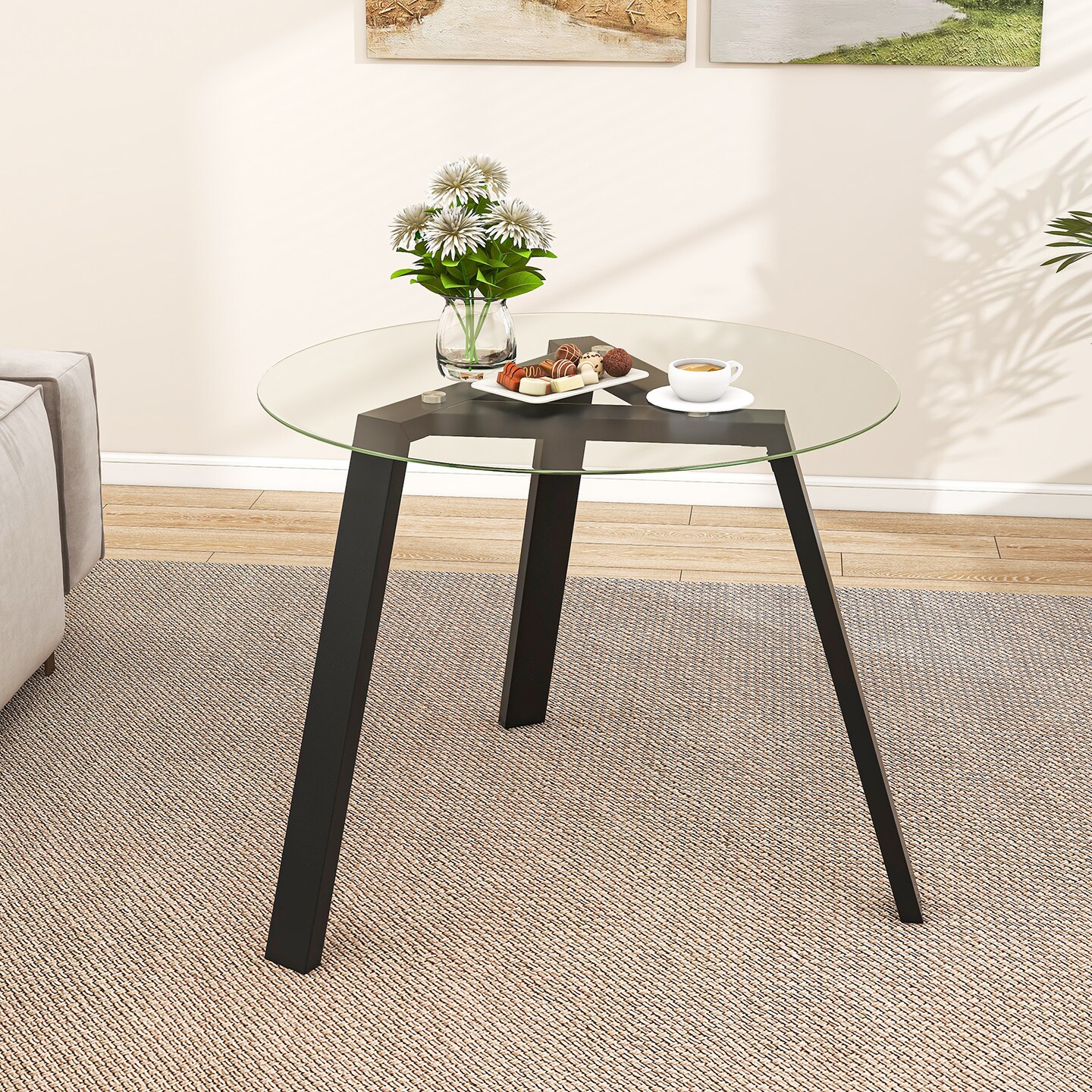 36 Inches Round Glass Dining Table for 4 with Rubber Wood Frame-Natural - 36&#x22; x 36&#x22; x 29&#x22;