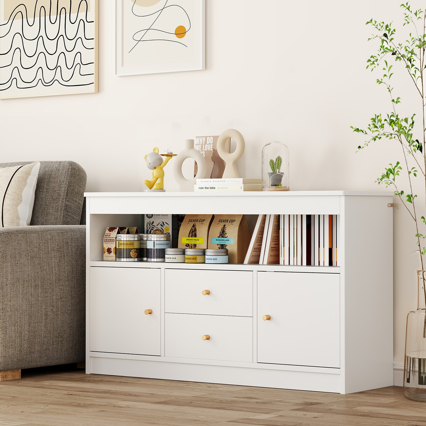 White Kids Toy Storage Organizer with Open Shelf and 2 Drawers for Playroom - 42&#x22; x 12&#x22; x 24.5&#x22;