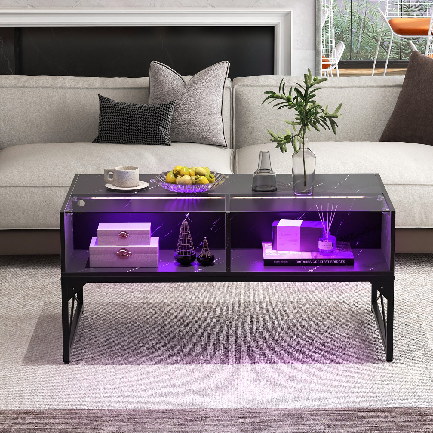 Rectangle LED Coffee Table with Split Faux Marble Glass Top and 4 Storage Cubes for Living Room