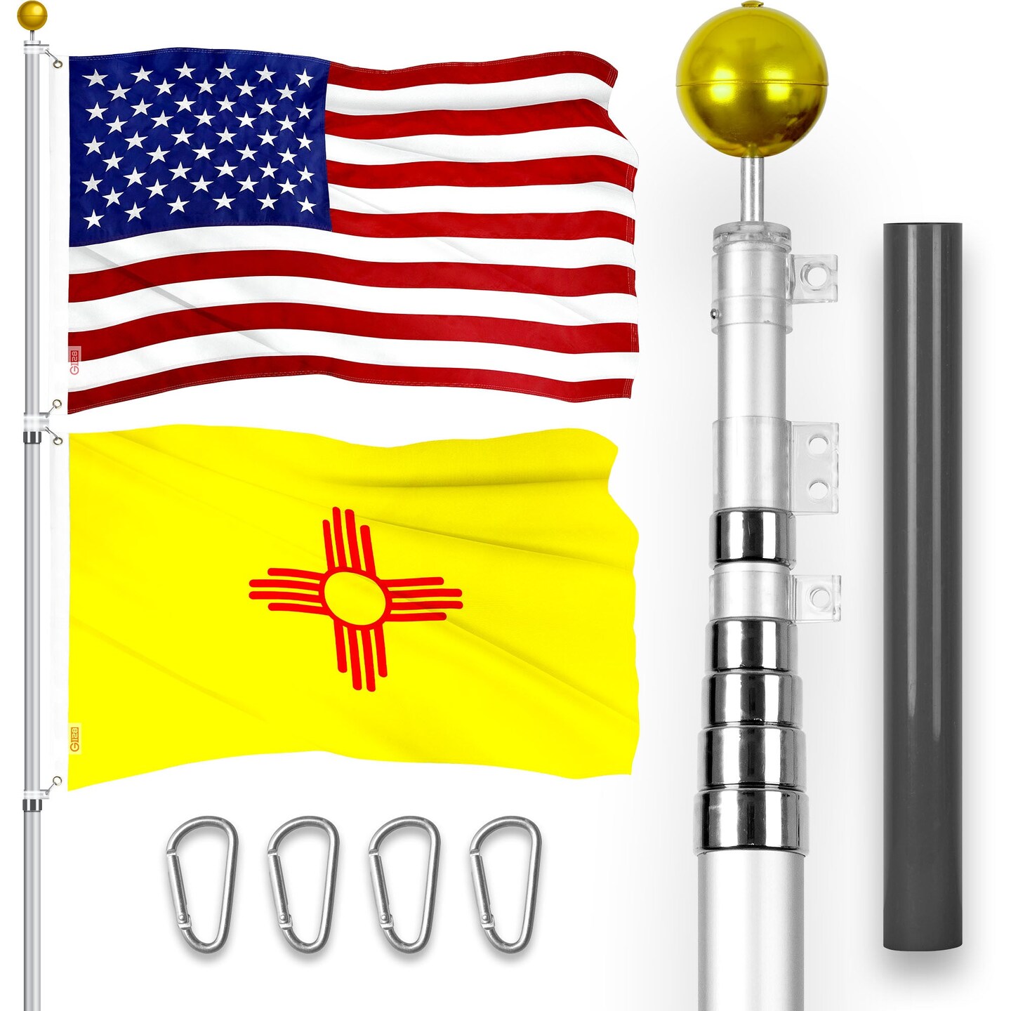 G128 Combo Pack: 20 Ft Telescoping Aluminum Flagpole (Silver) &#x26; American and New Mexico Flags 3x5 Ft, Both ToughWeave Series Embroidered Polyester | Pole with Flags Included
