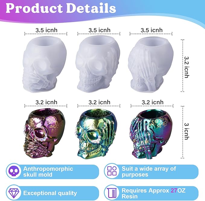 LET&#x27;S RESIN Skull Resin Molds, Hear-no, Speak-no, See-no 3 Pcs Skull Silicone Molds for Resin Crafts, Cute Epoxy Resin Molds Silicone for Resin Casting, DIY Craft, Home Decor