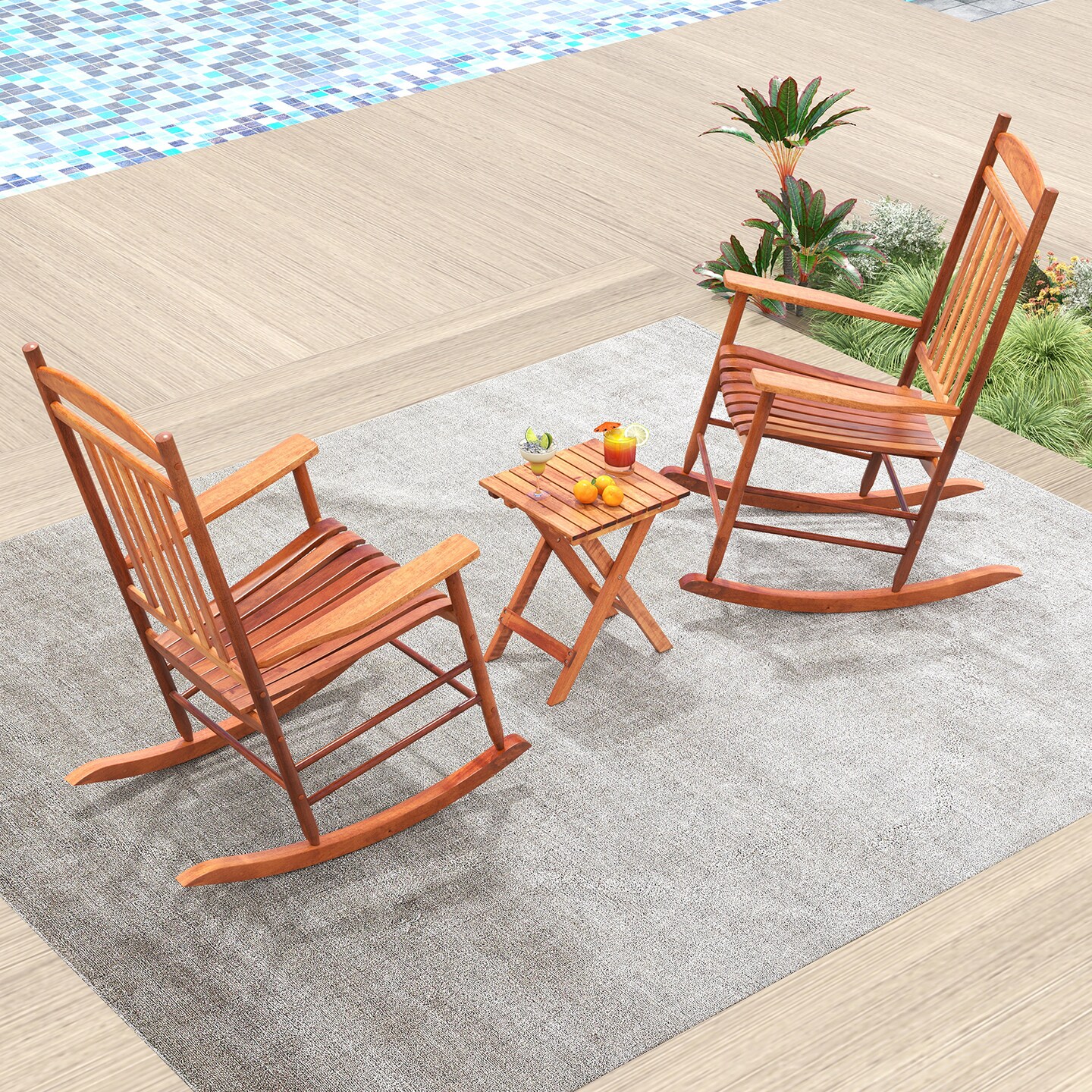 3-piece Outdoor Poplar Wood Rocking Bistro Set - 14" x 14" x 18" (L x W x H)