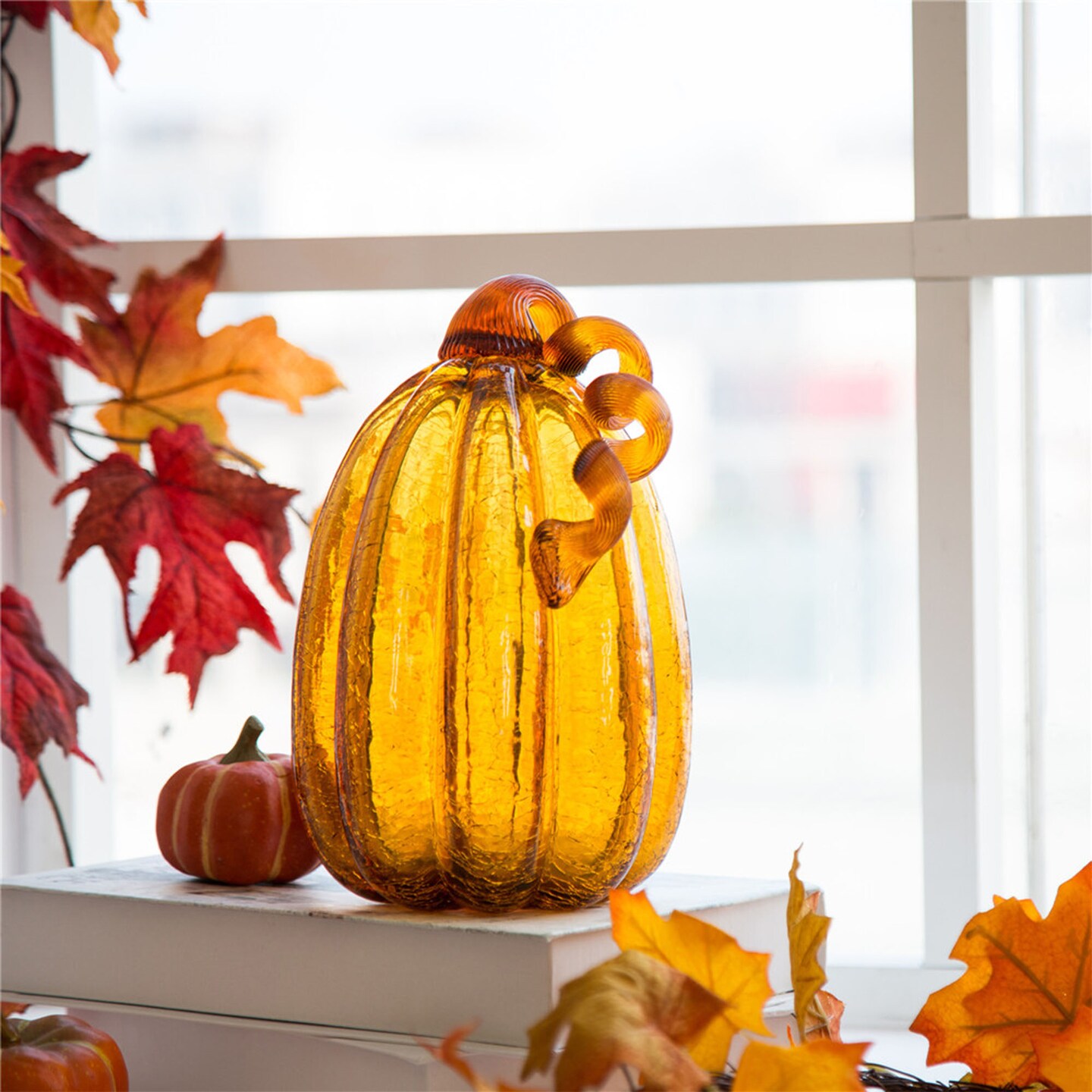 Set of 2 Handmade Amber &#x26; Crackle Glass Pumpkin