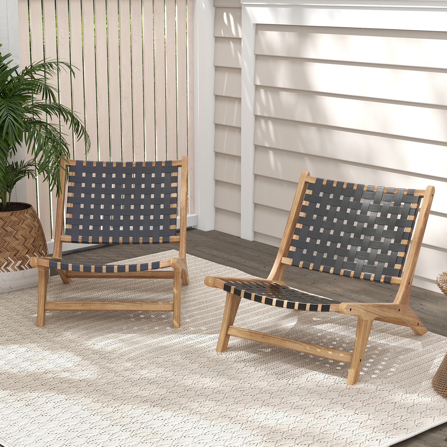 Armless Teak Wood Lounge Chair with Durable Nylon Woven Backrest - 25.5 L x 32 W x 27.5 H
