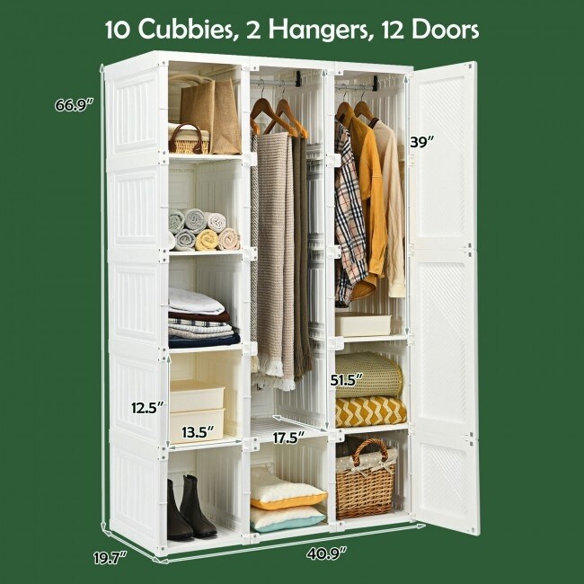 White ABS Foldable Armoire Wardrobe Closet with 2 Retractable Rods and 10 Cubes