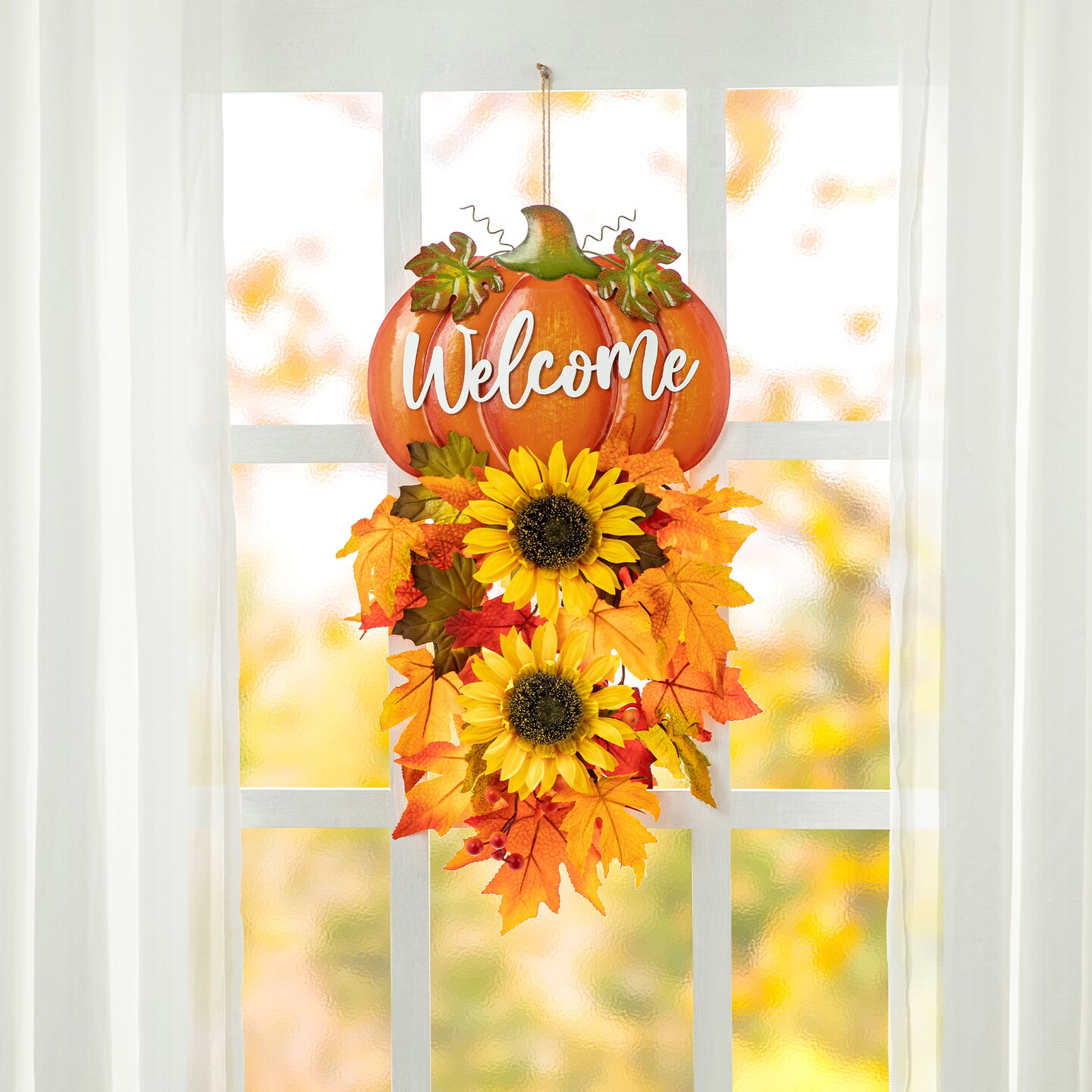 22.5&#x22;H Fall Metal Pumpkin &#x26; Sunflower Swag Wall Decor