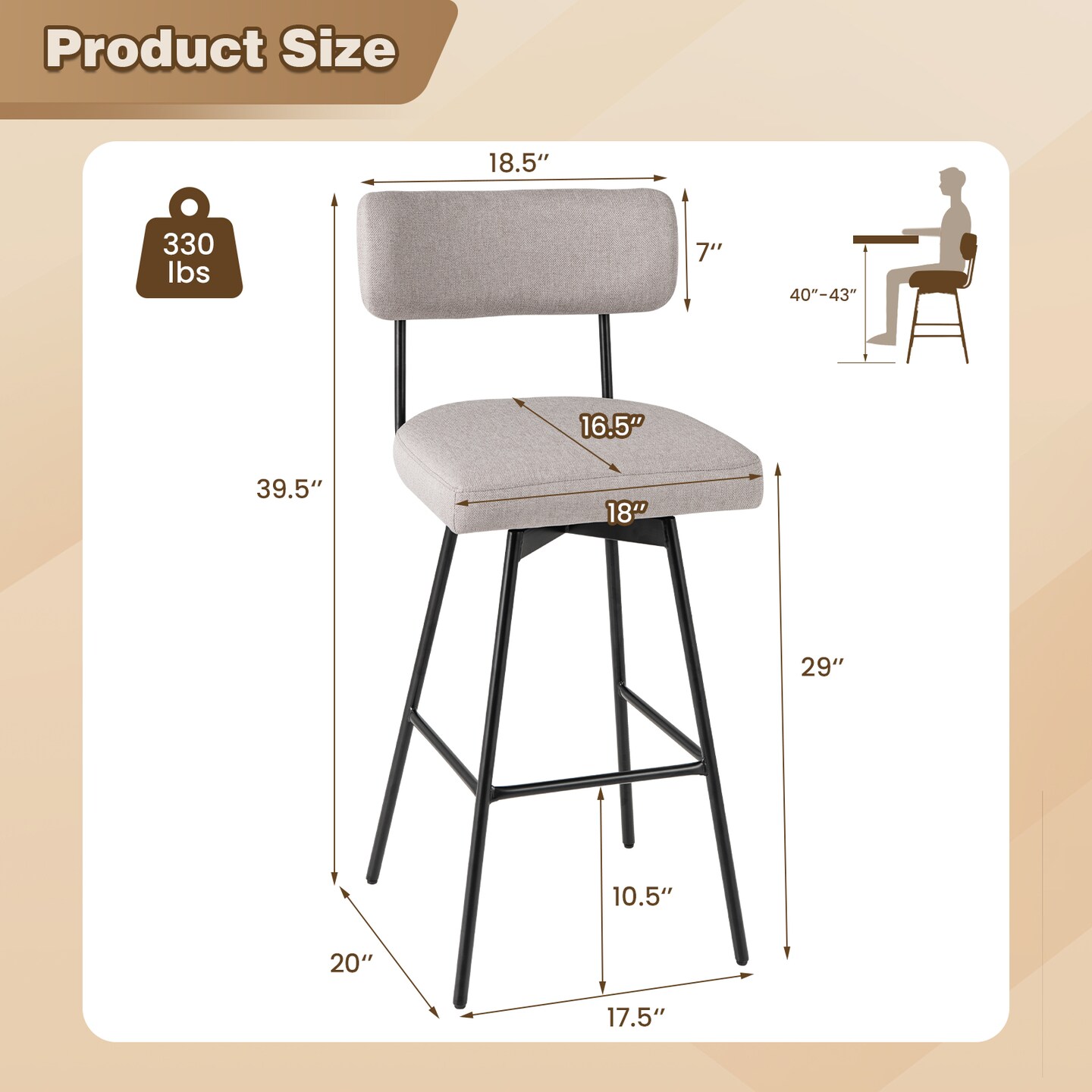 Set of 2 25-Inch Counter Height Upholstered Swivel Bar Stools - 18.5&#x22; x 20&#x22; x 35.5&#x22;