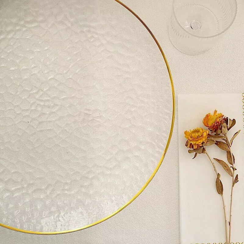 6 Clear 13 in Round Hammered Plastic CHARGER PLATES Gold Trim Party Decorations