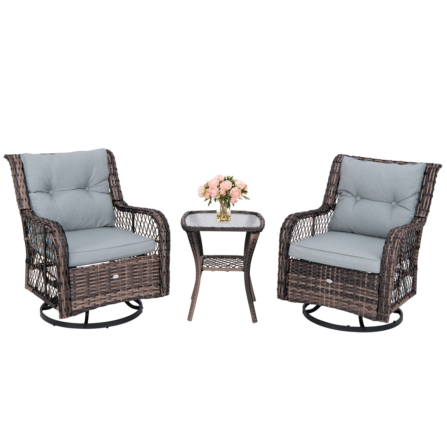 3 Pieces Outdoor Swivel Rocker Set with Small Side Table-Grey