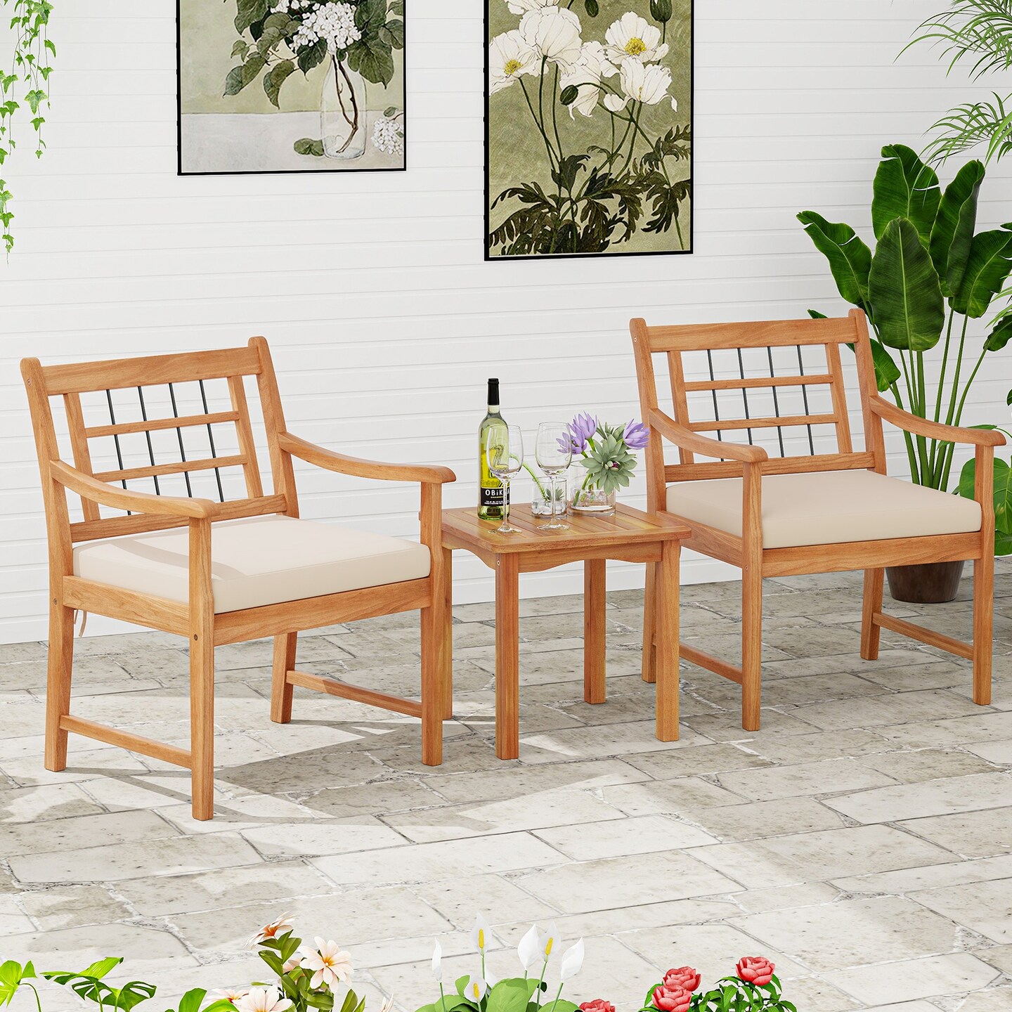 3 Piece Wood Patio Furniture Set with Seat Cushions and Acacia Wood Frame