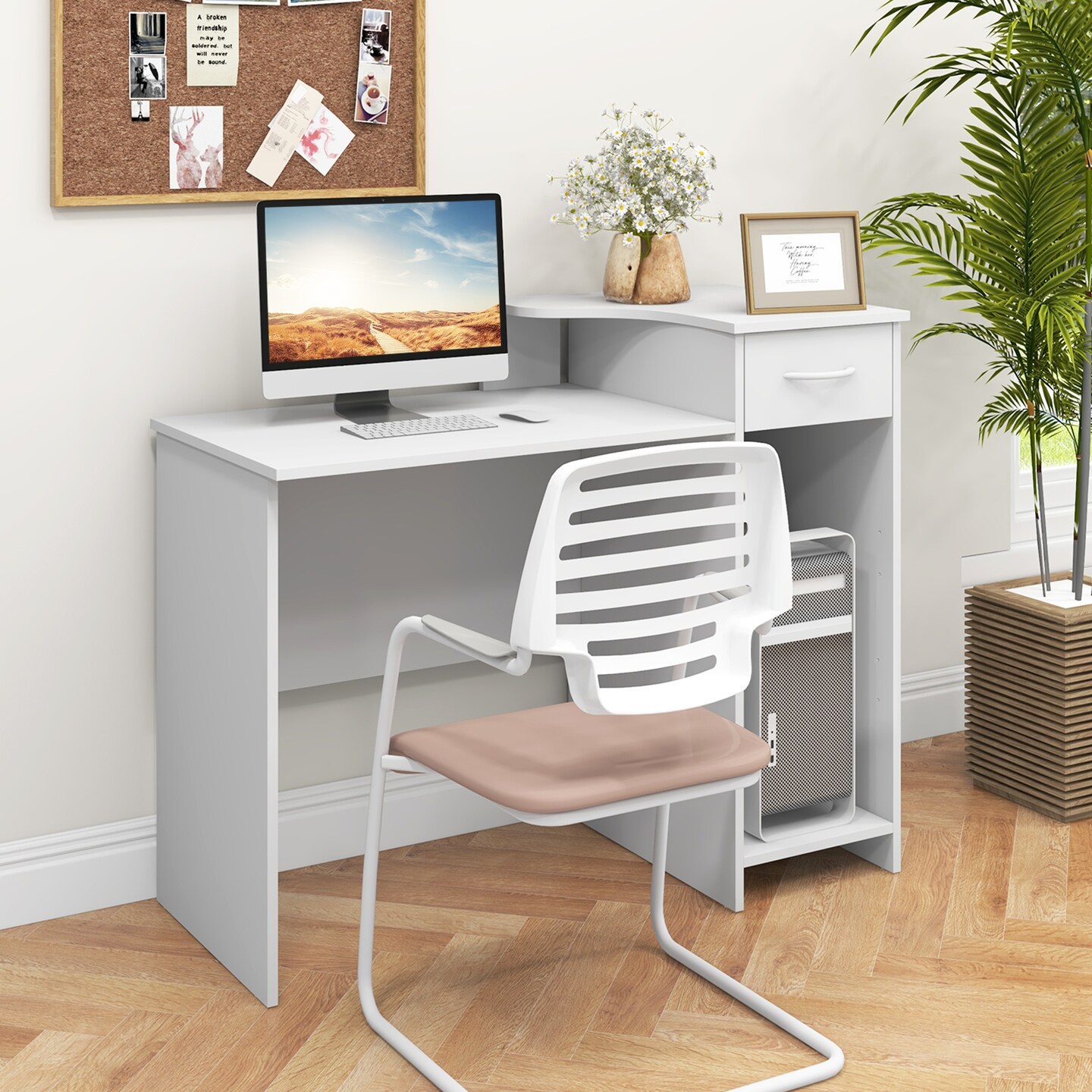 White Computer Desk with Drawer Raised Platform Adjustable Shelf Workstation