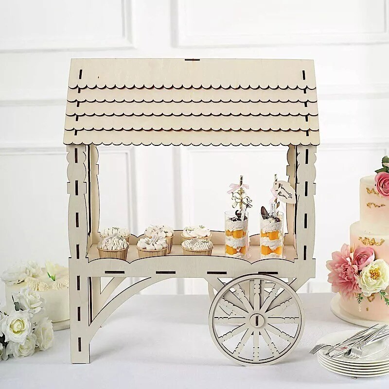 5 in Natural Laser Cut Mini Candy Cart Wooden CUPCAKE Dessert STAND Party Events