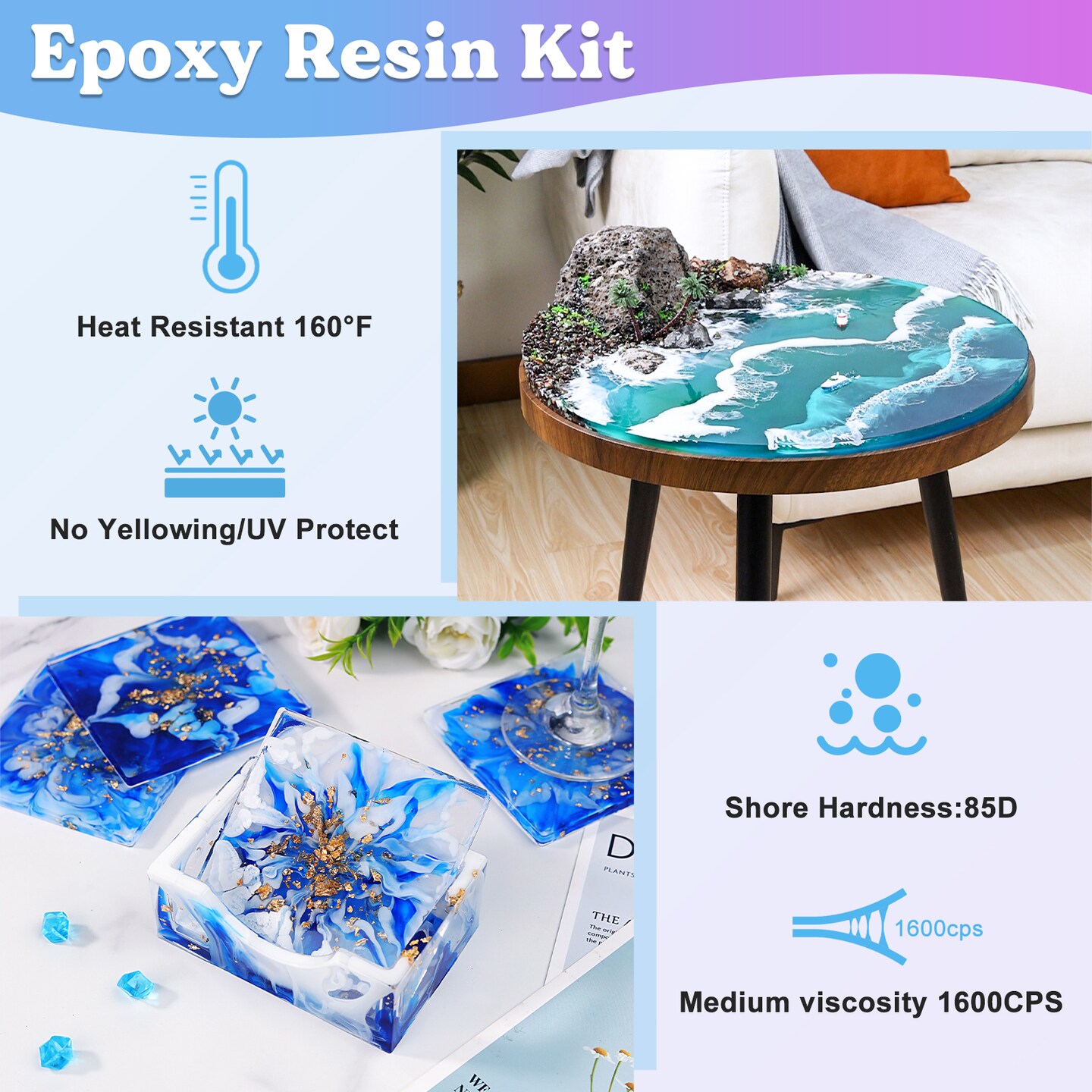 LET&#x27;S RESIN 1 Gallon Casting Epoxy Resin with Pumps, Crystal Clear Epoxy Resin Kit for Beginners, with Ocean White Paste, Color Pigment, for DIY Art, Craft,Jewelry,River Table