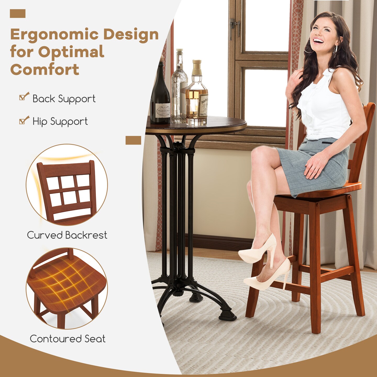 Set of 2 Counter Height Barstools with 6-Grid Hollow Back and Seat - 18&#x22; x 16&#x22; x 38&#x22;