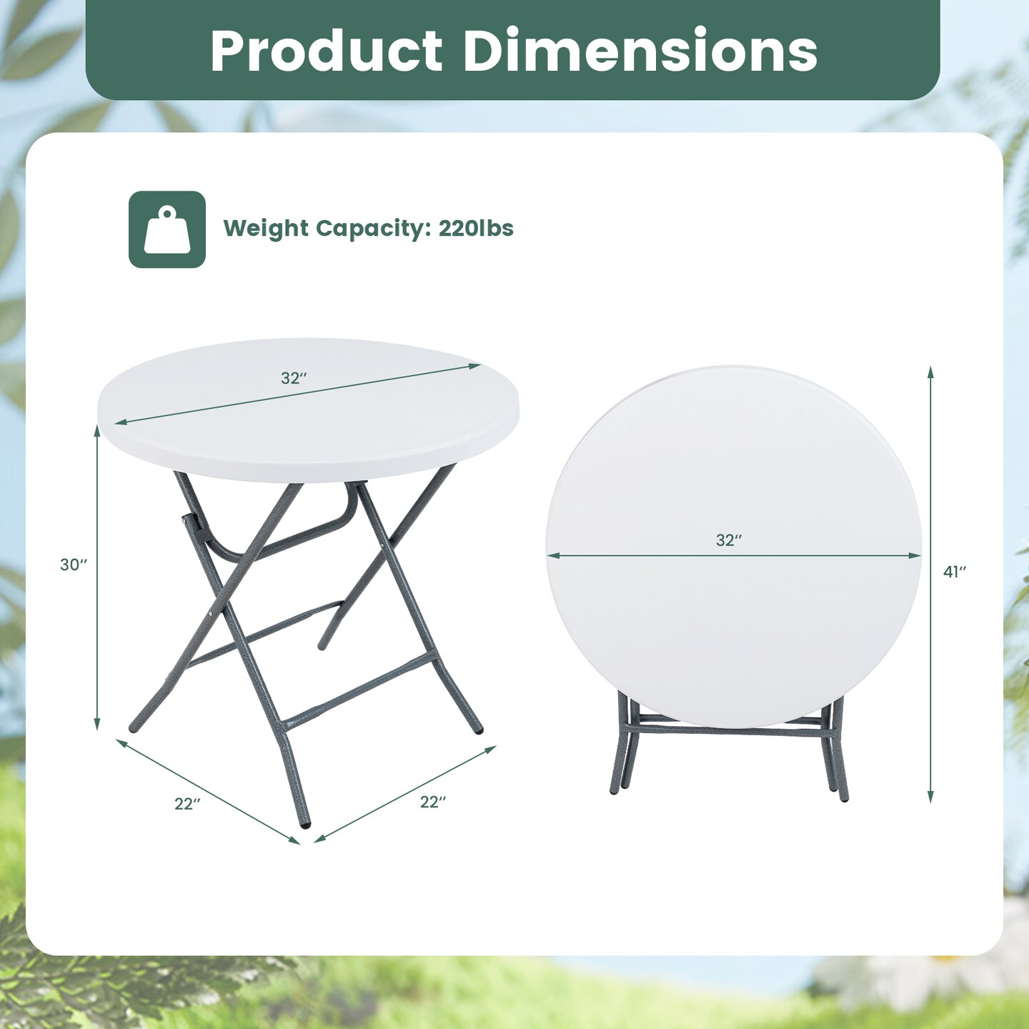 32 Inch Foldable Round Picnic Table with Thick Durable Top for Outdoor Events - 32" x 32" x 30"