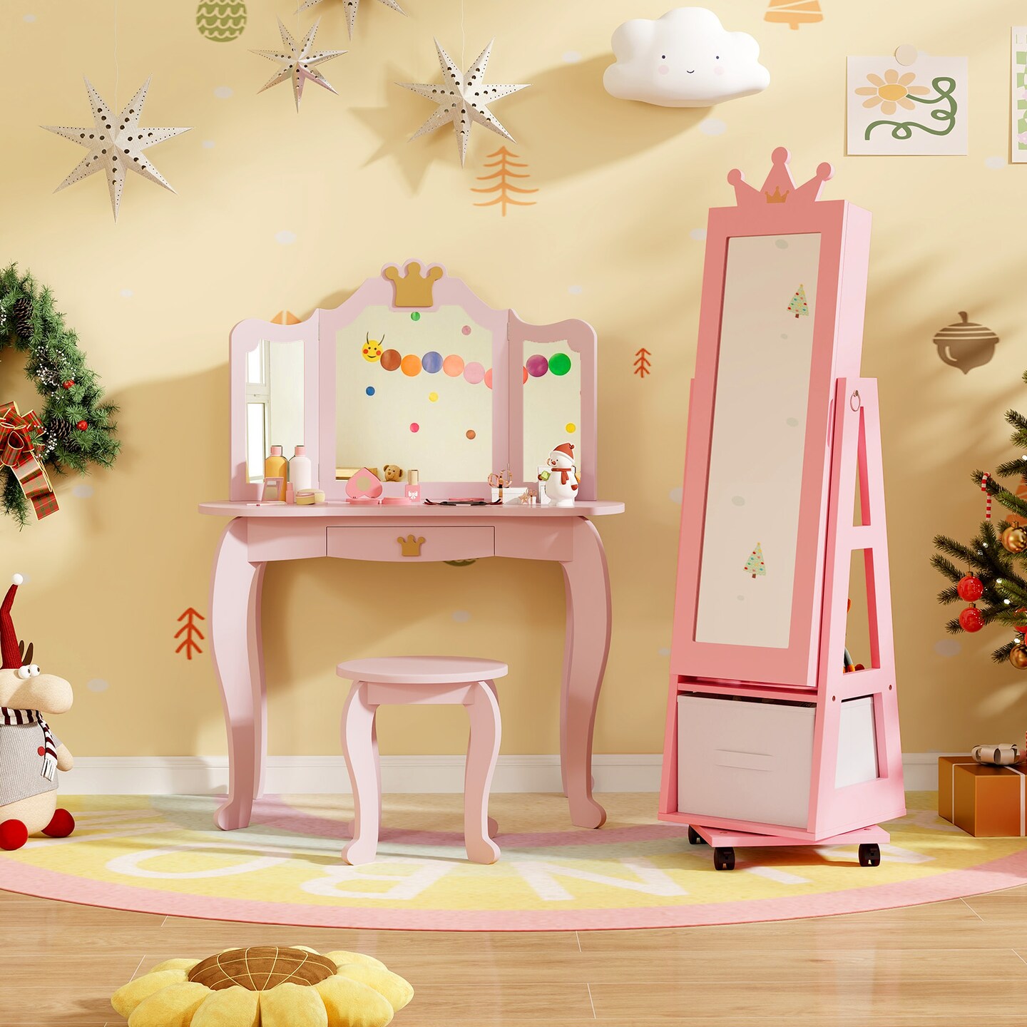 Kids Jewelry Armoire Cabinet with Swivel Base and Lockable Universal Wheels