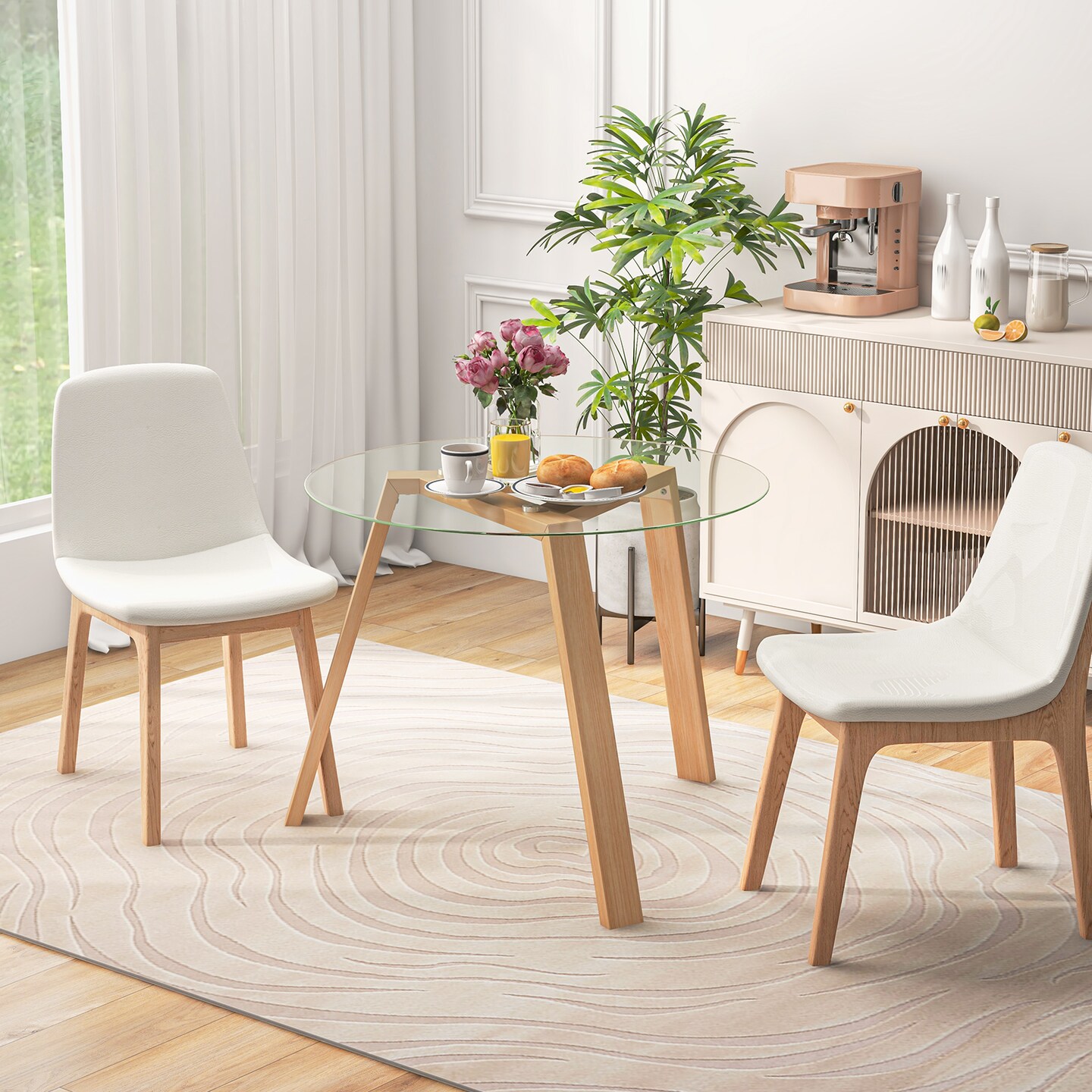 36 Inches Round Glass Dining Table for 4 with Rubber Wood Frame-Natural - 36&#x22; x 36&#x22; x 29&#x22;