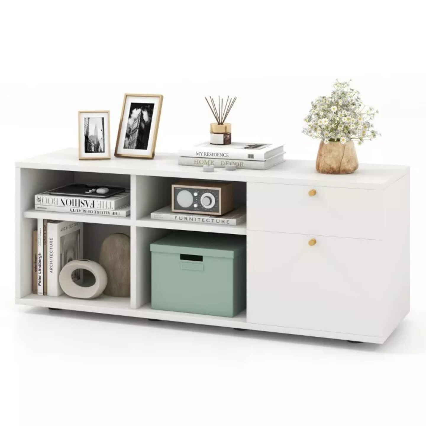 MDF Storage Cabinet White 2 Drawers 4 Cubes TV Stand 42.5 Inch Top