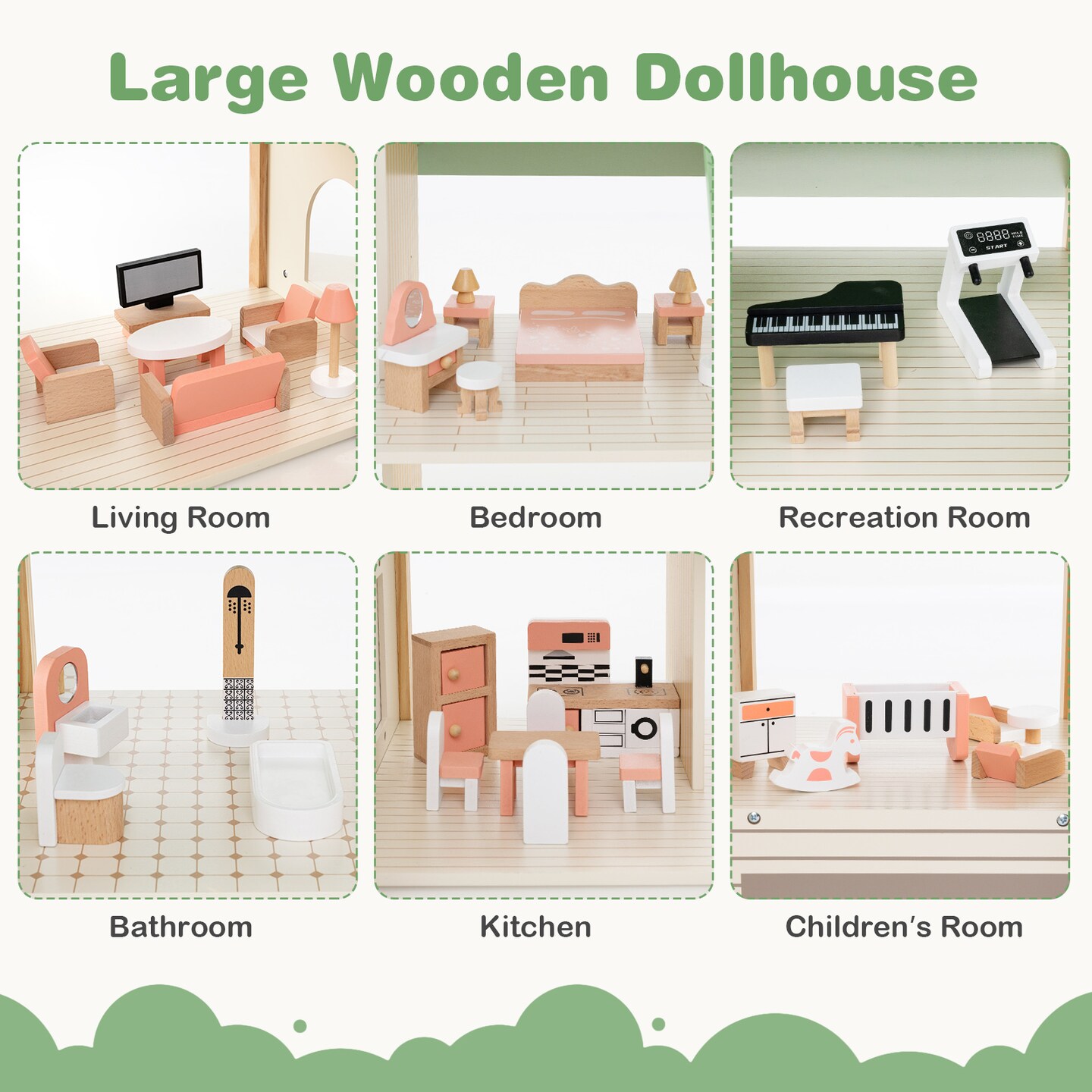 Wooden Corner Dollhouse Playset with 6 Rooms and 36 Pieces for Kids 3+ Years Old - 34&#x22; x 14.5&#x22; x 32.5&#x22; (L x W x H)