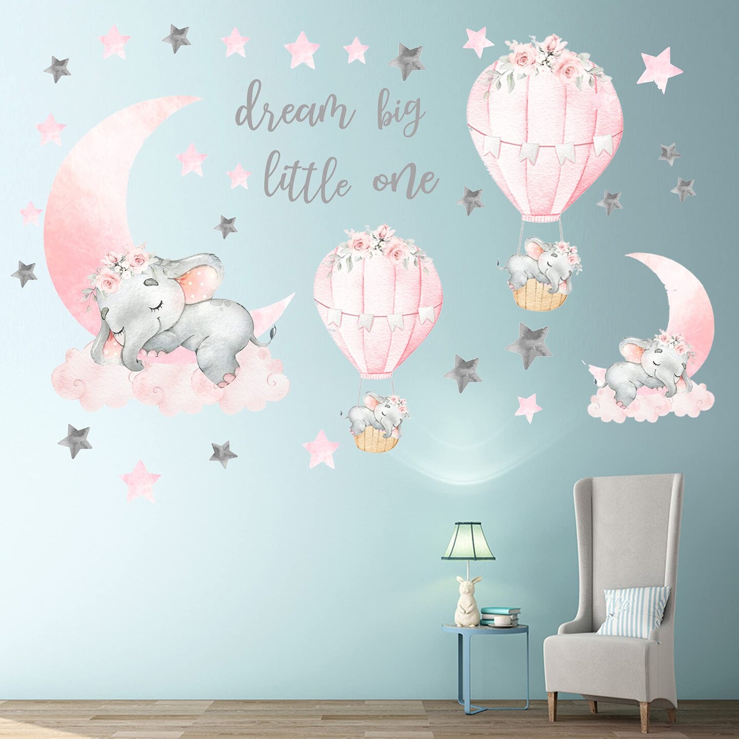 Dream Big Little One Elephant Wall Stickers, Pink Moon Hot Air Balloon Grey Stars Wall Decals for Nursery Kids Room Living Room Bedroom Decorations Home Decor
