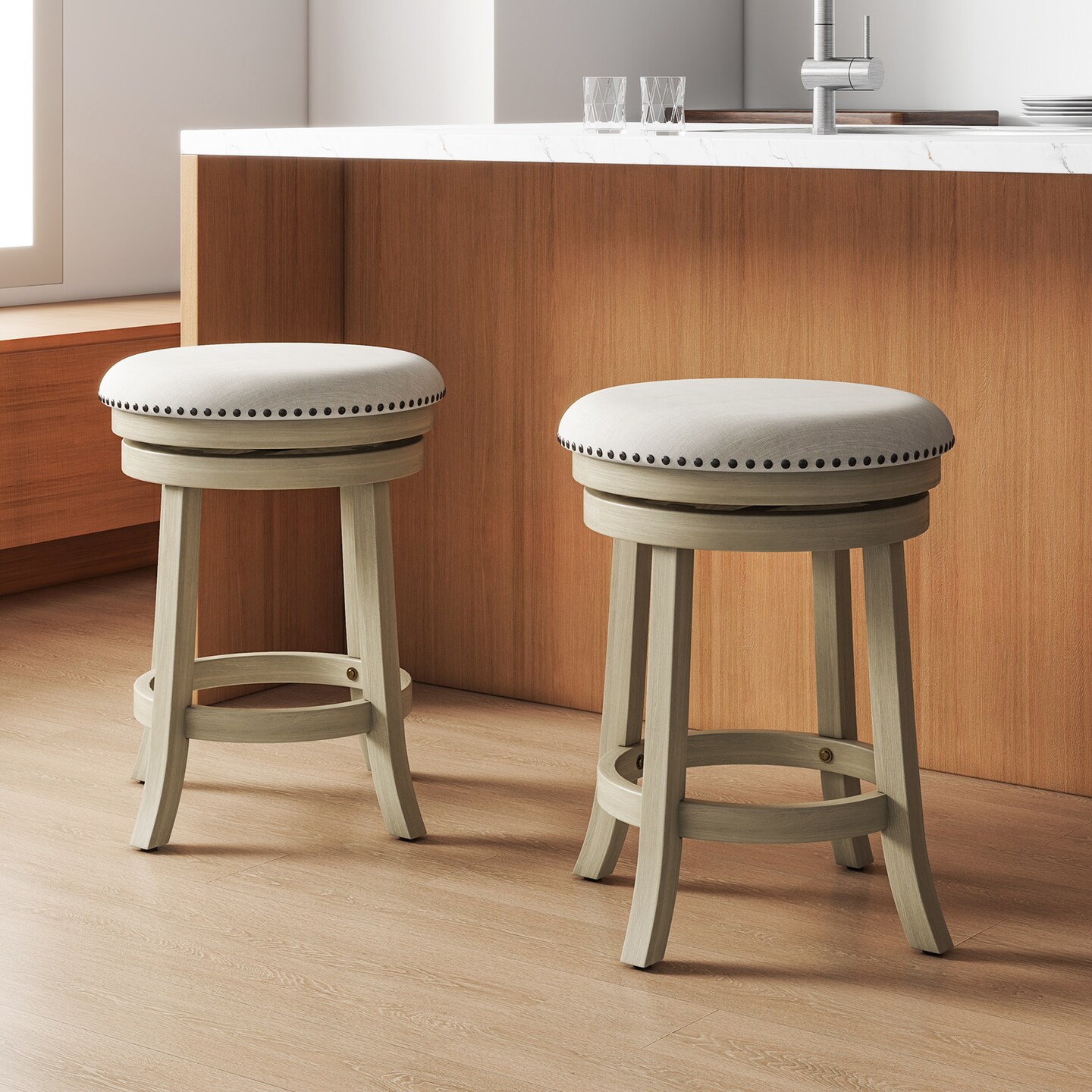 Swivel Bar Stools Set of 2 wth Wooden Frame
