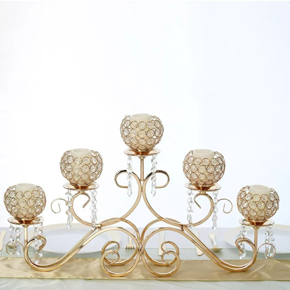 27&#x22; wide Gold Horizontal Candle Holder Crystal Beads Wedding Home Centerpiece