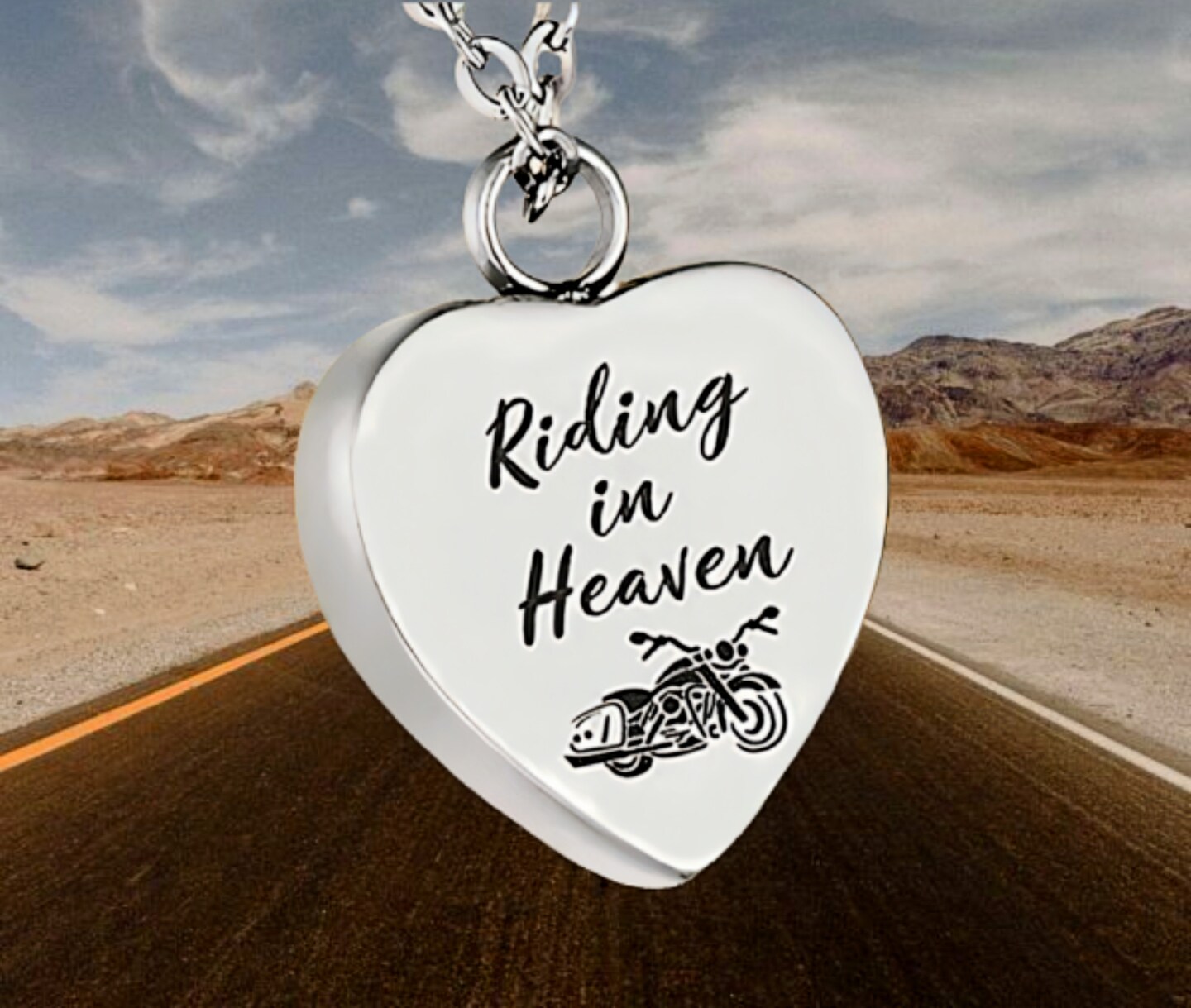 Laser Engraved Stainless Steel "Riding In Heaven" Motorcycle Cremation Urn on 24" Curb-Chain Necklace - Includes Fill Kit and Velvet Pouch